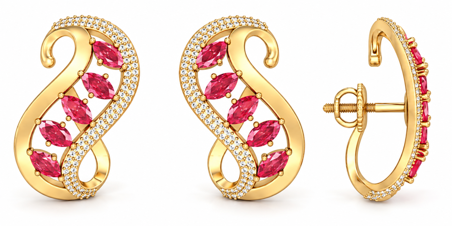 Marquise ruby and natural diamond scroll earrings in 18k yellow gold, with front and side views showing a screw-back fastening