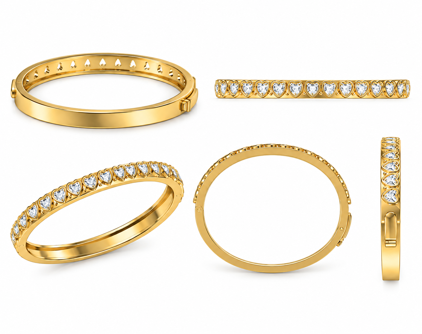 Heart diamond elliptical bracelet in 18k yellow gold, shown from multiple angles