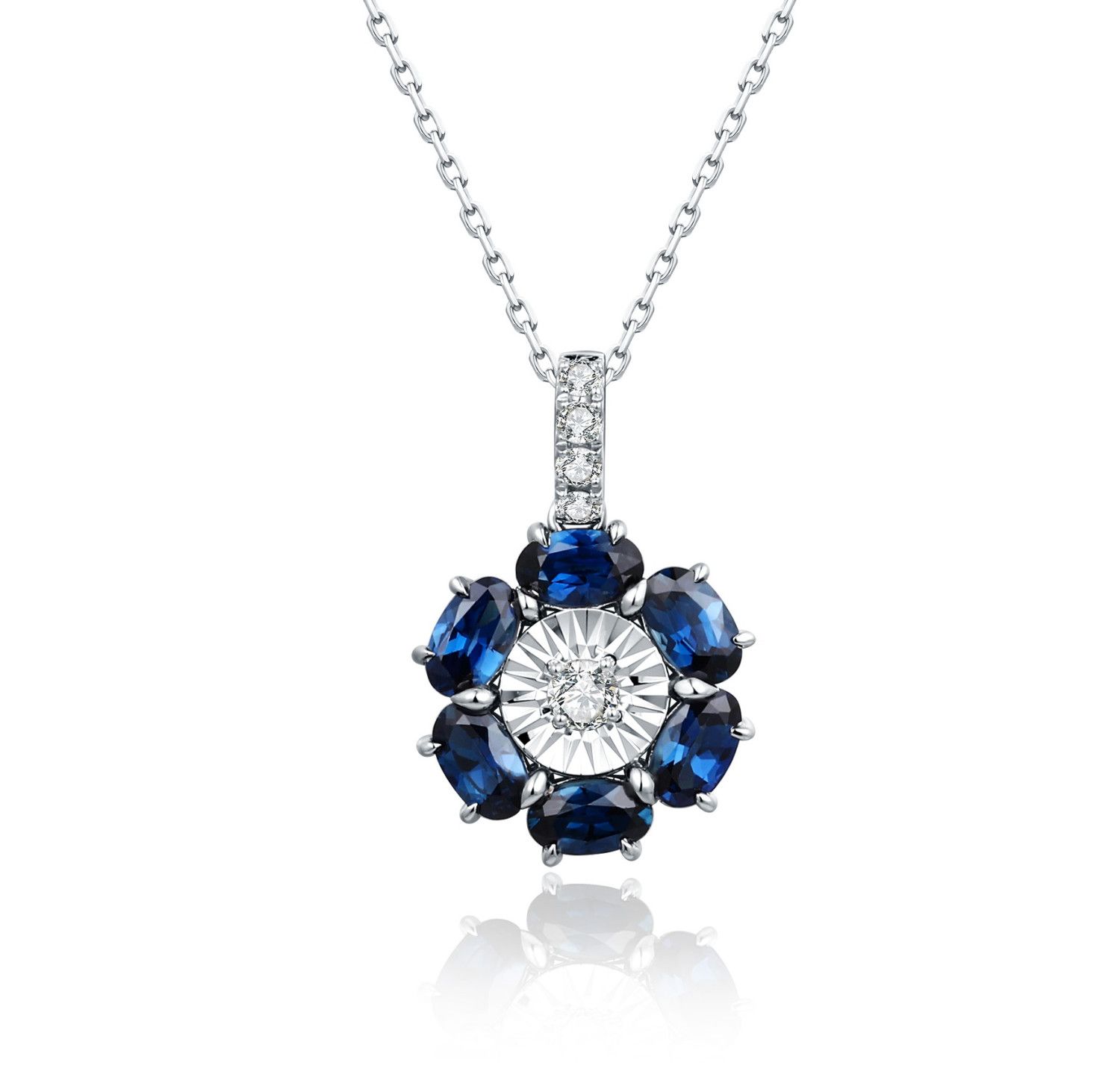 Oval blue sapphire floral pendant with natural diamond centre and diamond-set bail in 18k white gold