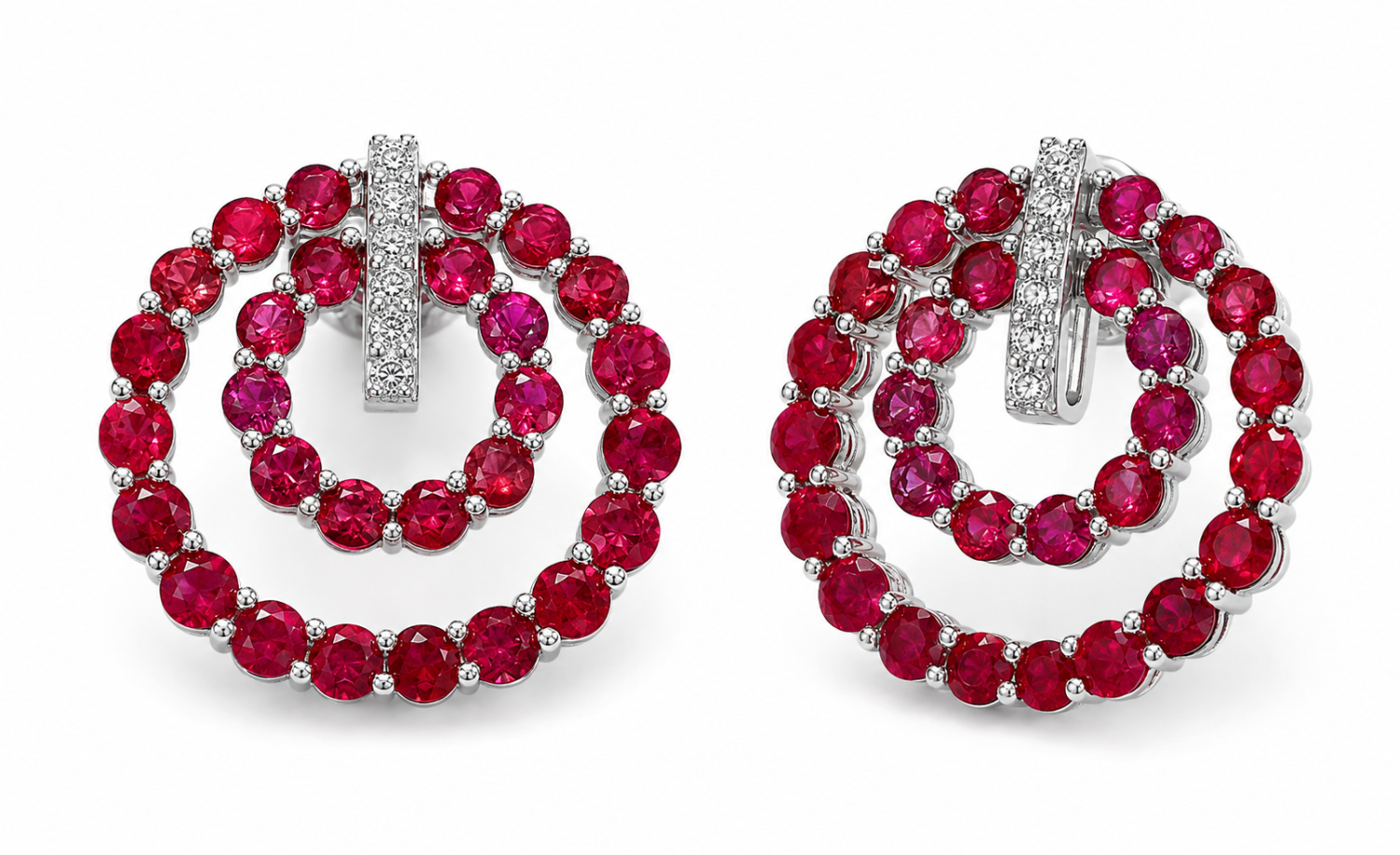 Two concentric circles of round rubies with a vertical natural diamond-set bar in 18k white gold earrings
