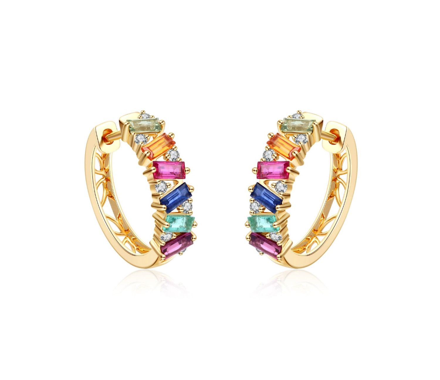 Multicolour baguette sapphire and natural diamond hoop earrings in 18k gold