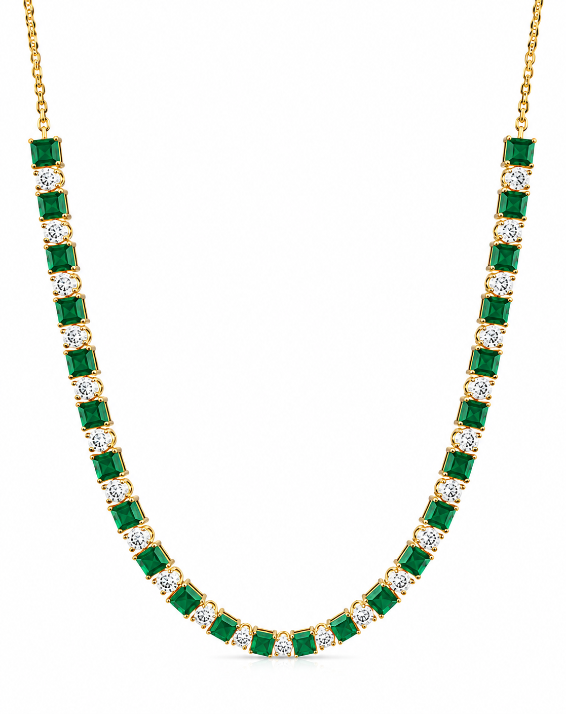 Princess-cut emeralds alternating with round natural diamonds in an 18k yellow gold line necklace with a fine chain