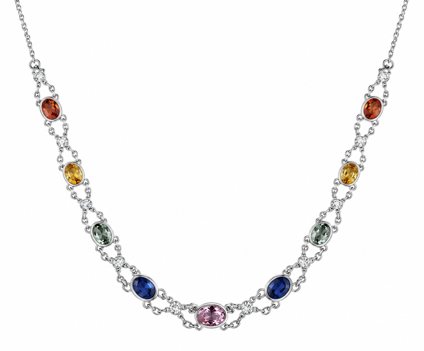 Oval multicolour sapphire and natural diamond double-chain necklace in 18k white gold