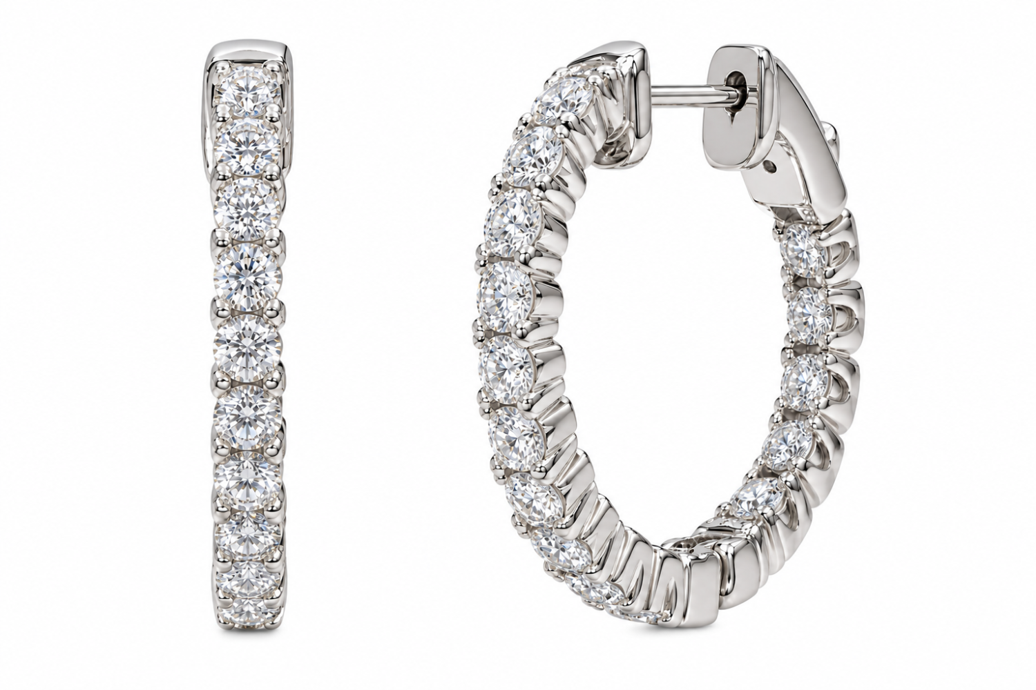 Front and angled views of white-toned gold hoop earrings with round diamonds along the outer front and inner rear curves
