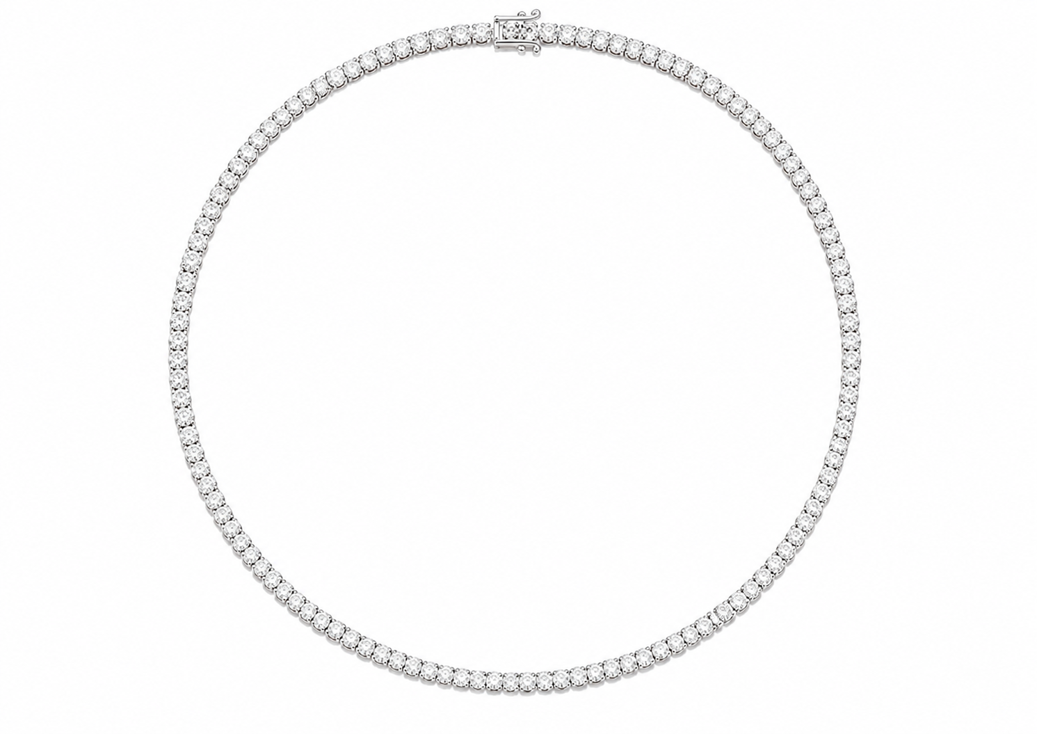 Round natural diamond tennis necklace in 18k white gold, shown clasped in an oval arrangement