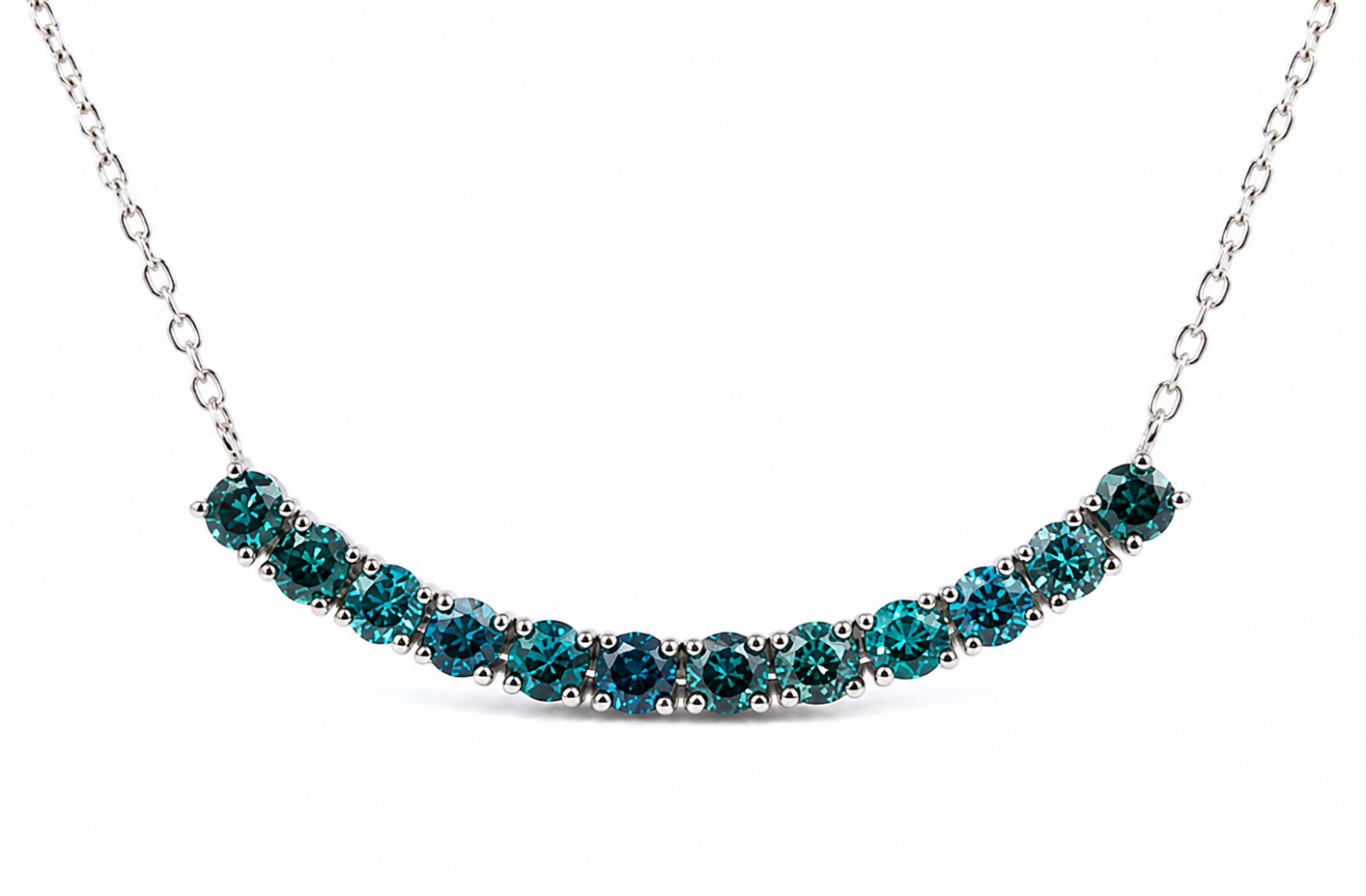 Curved row of round blue diamonds with a chain shown against a white background