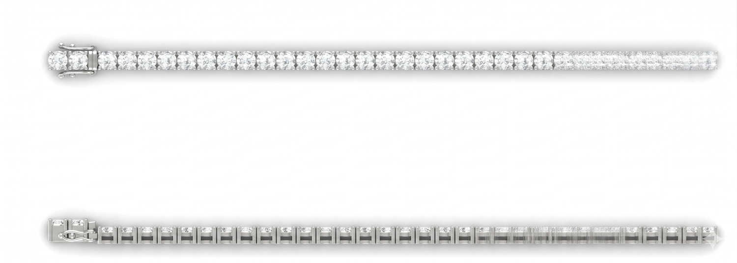 10.20ct round natural diamond tennis bracelet in 18k white gold, shown laid straight from the front and back