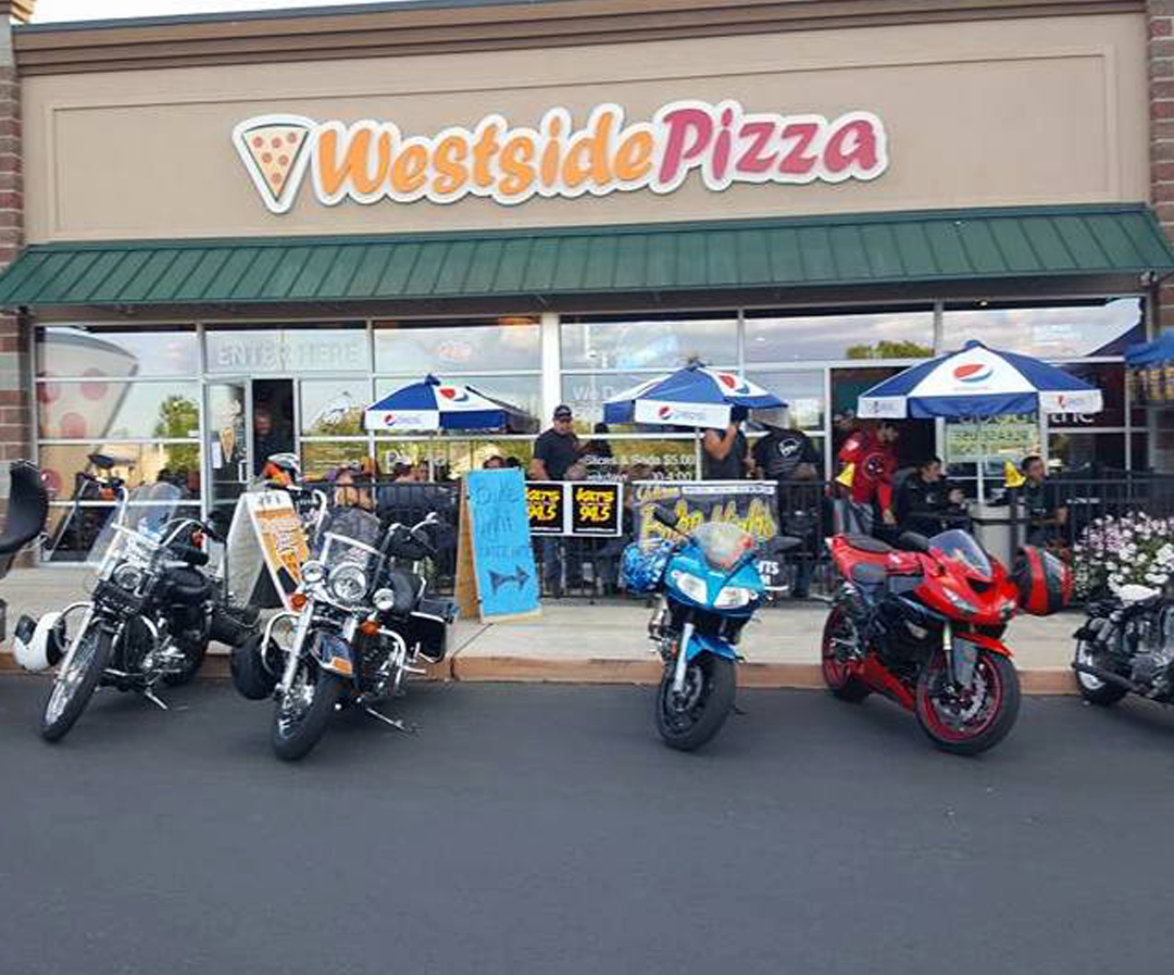 Exterior of Westside Pizza in Yakima, Washington with Motorcycles in Front | Westside Pizza