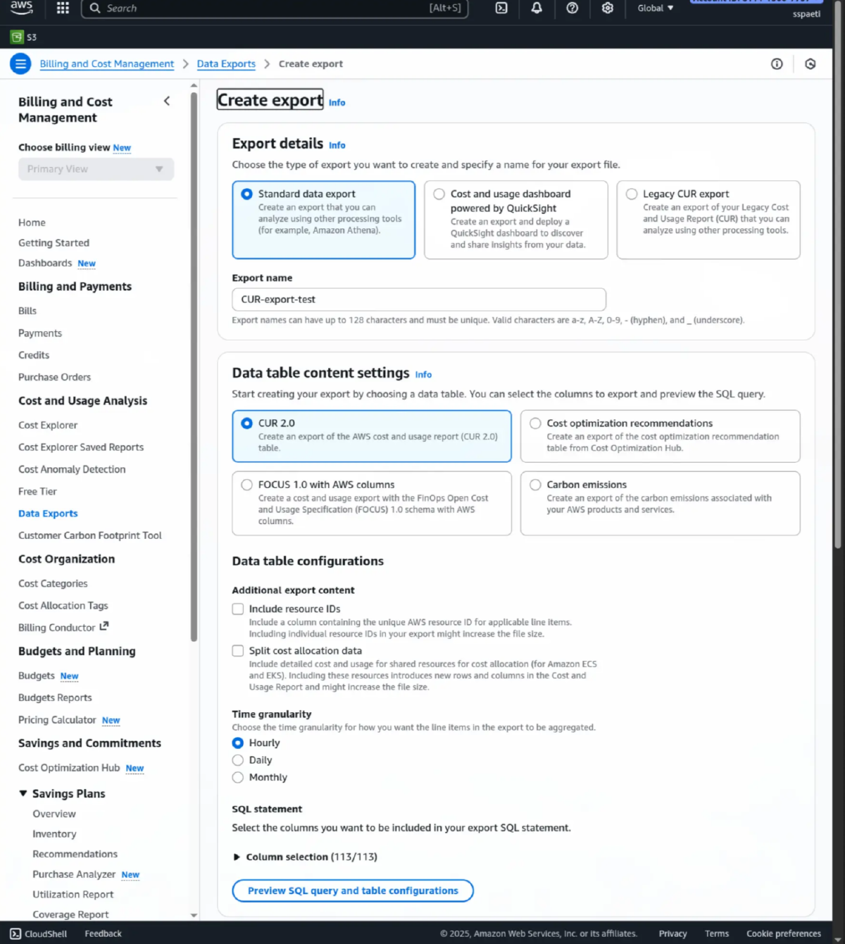 Create CUR export example: Configurations to choose
