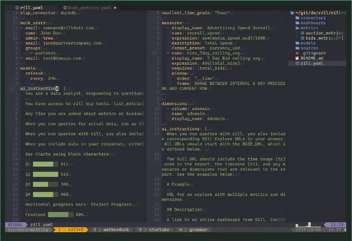 Example of how Rill integrated guardrail prompts into the project on the general level (rill.yaml) and metrics modeling level (bids_metrics.yaml)