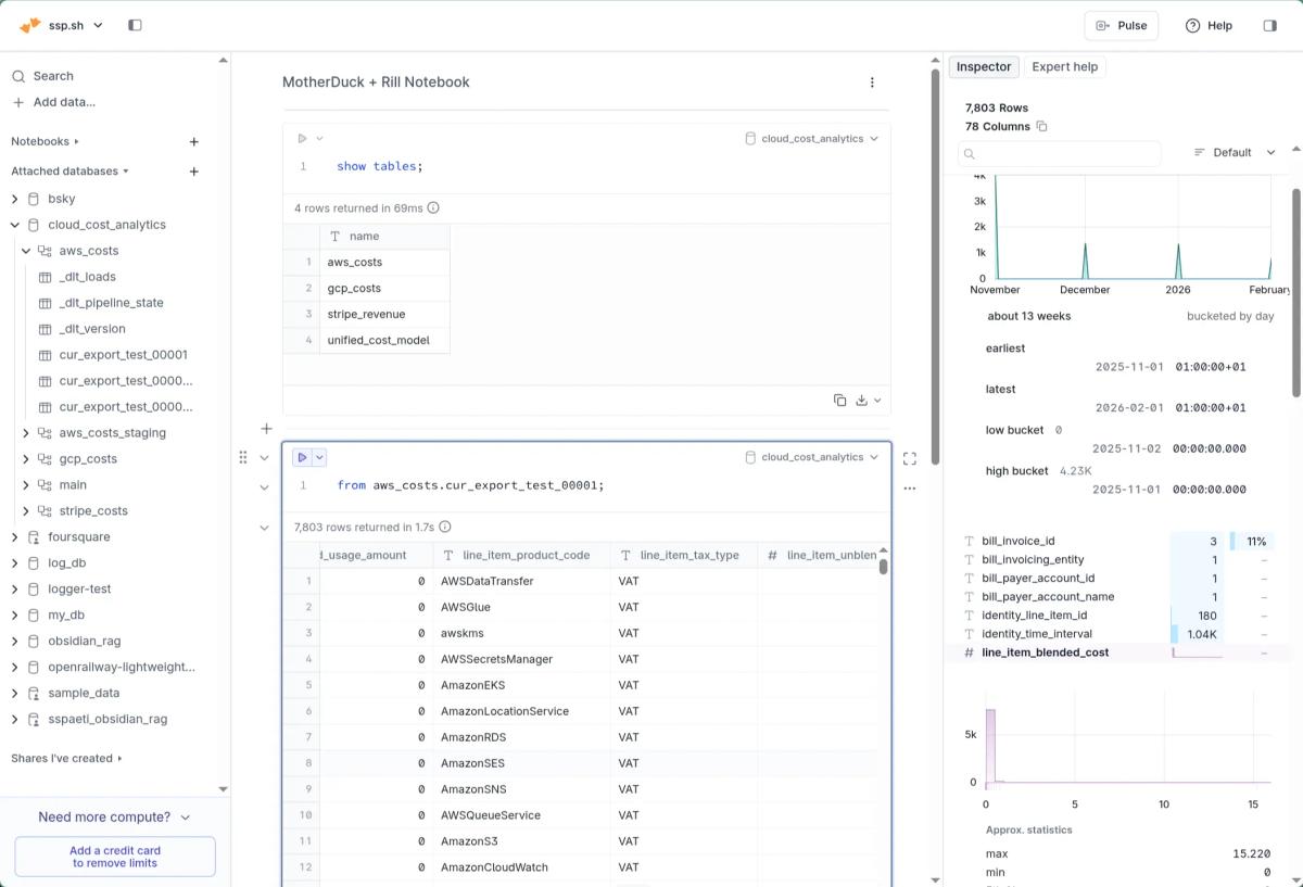 Showcase of querying same data with MotherDuck's Notebook UI.