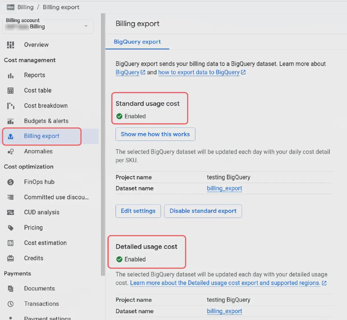 Billing export in GCP cloud UI: See different export levels.