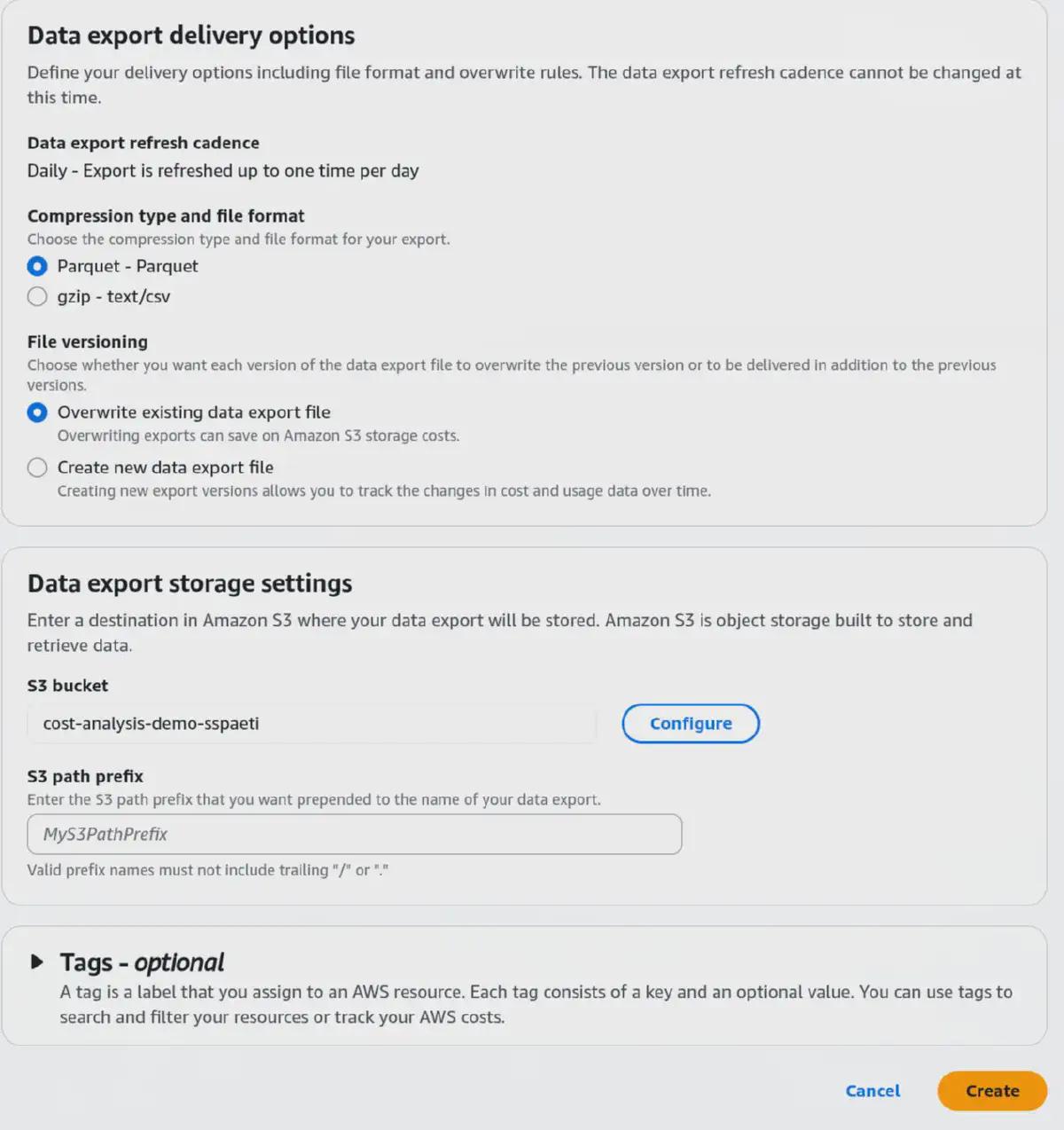 Data export settings options for AWS CUR export