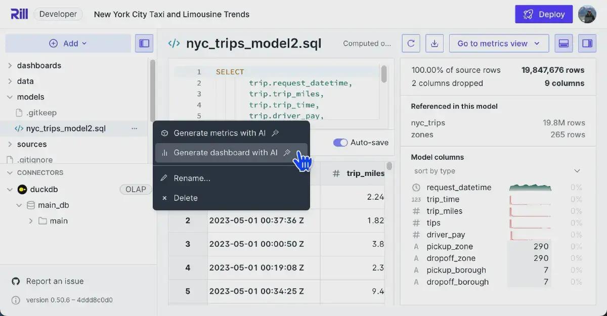 Image of how easy it is to generate a dashboard based on an existing model. See also more at BI-as-Code and the New Era of GenBI