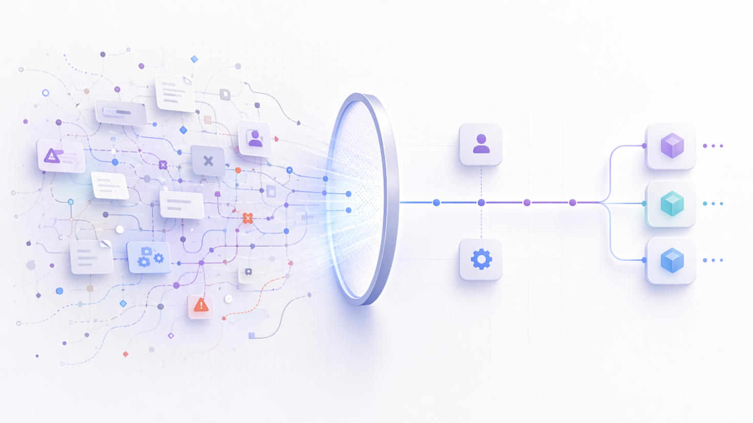 Abstract illustration showing messy coding-agent context being filtered into a cleaner execution path with human and system actor signals.