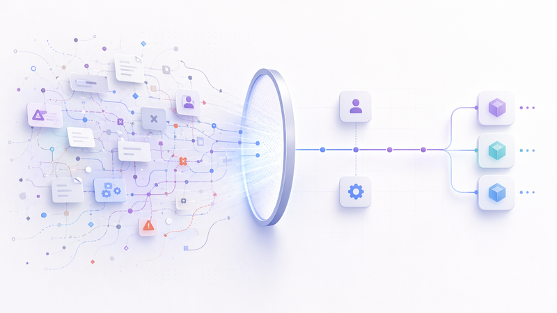 Abstract illustration showing messy coding-agent context being filtered into a cleaner execution path with human and system actor signals.
