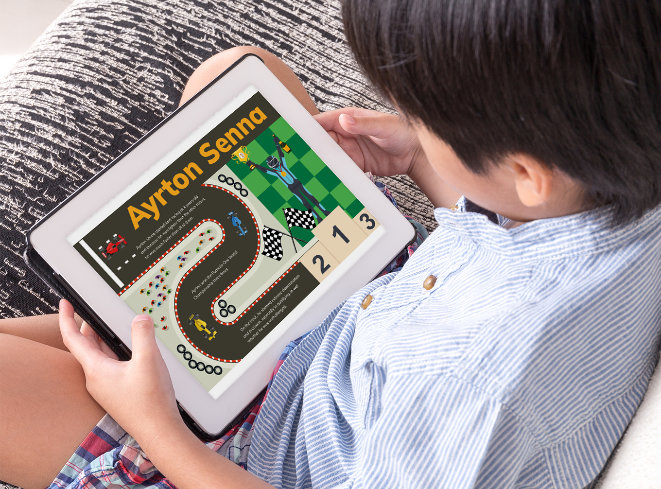 A child reads a book from the app