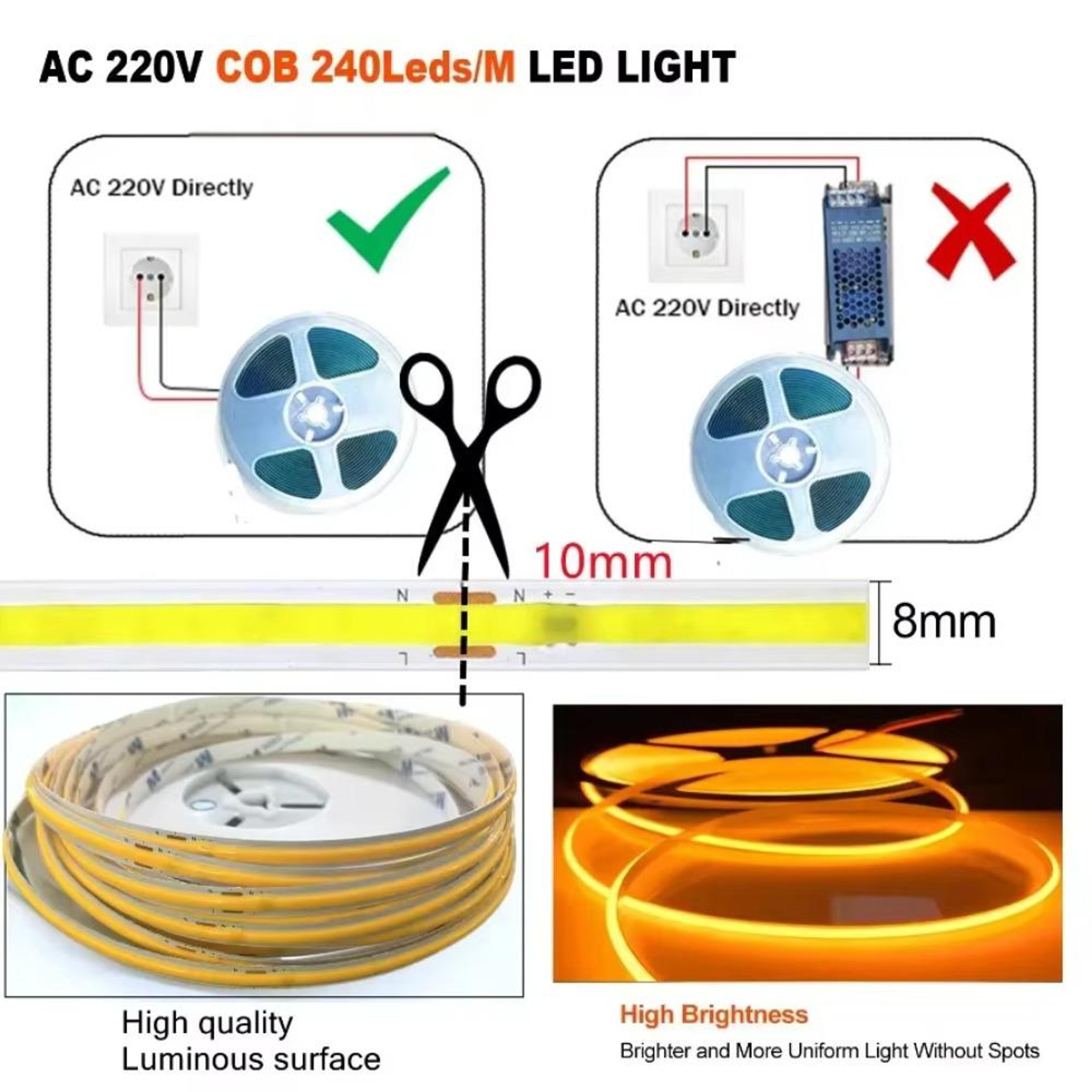 10 Meter Coil 220V Direct COB LED Profile Strip Light - Super Bright 240LEDs/M - Thumbnail 2