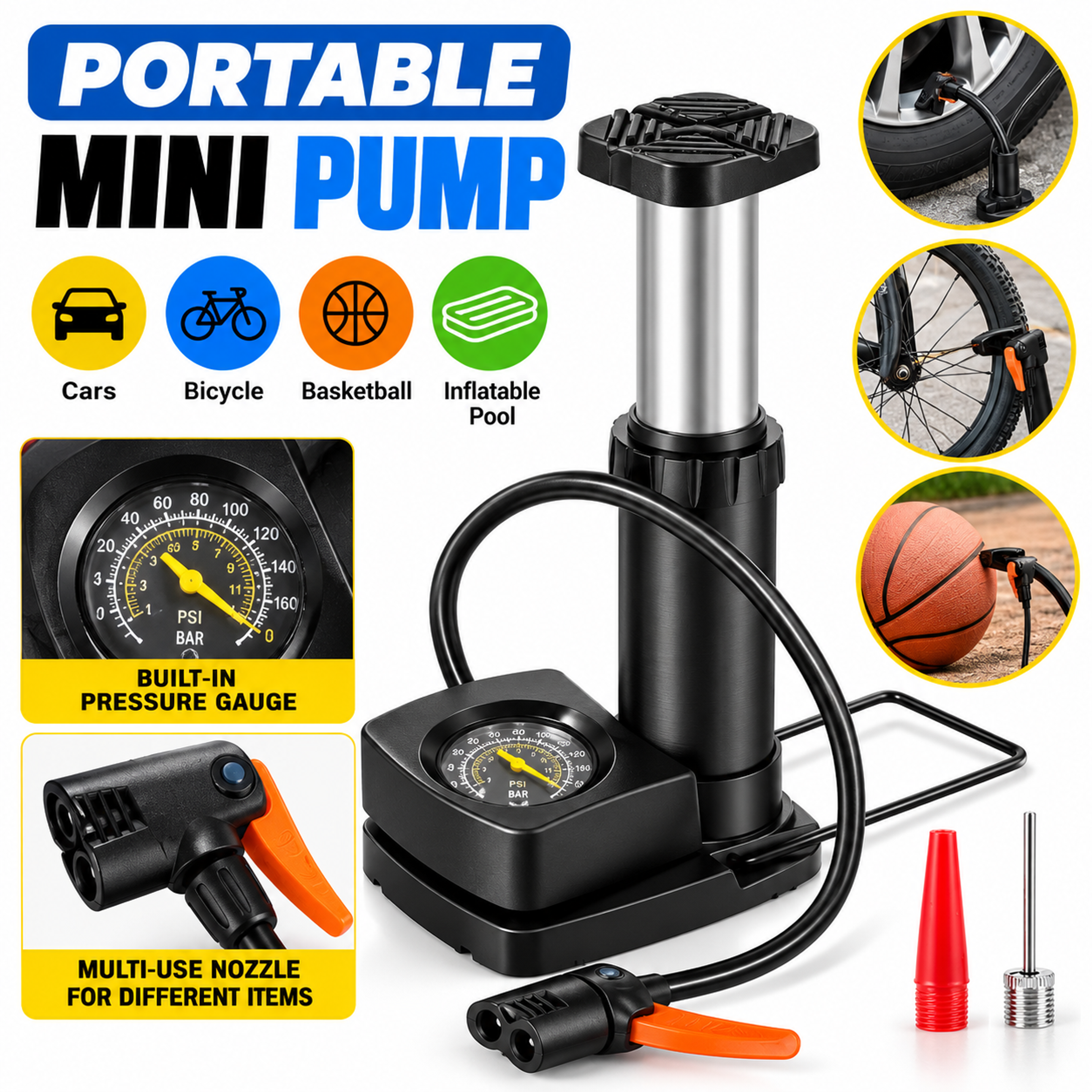 Portable Foot Air Pump With Pressure Gauge