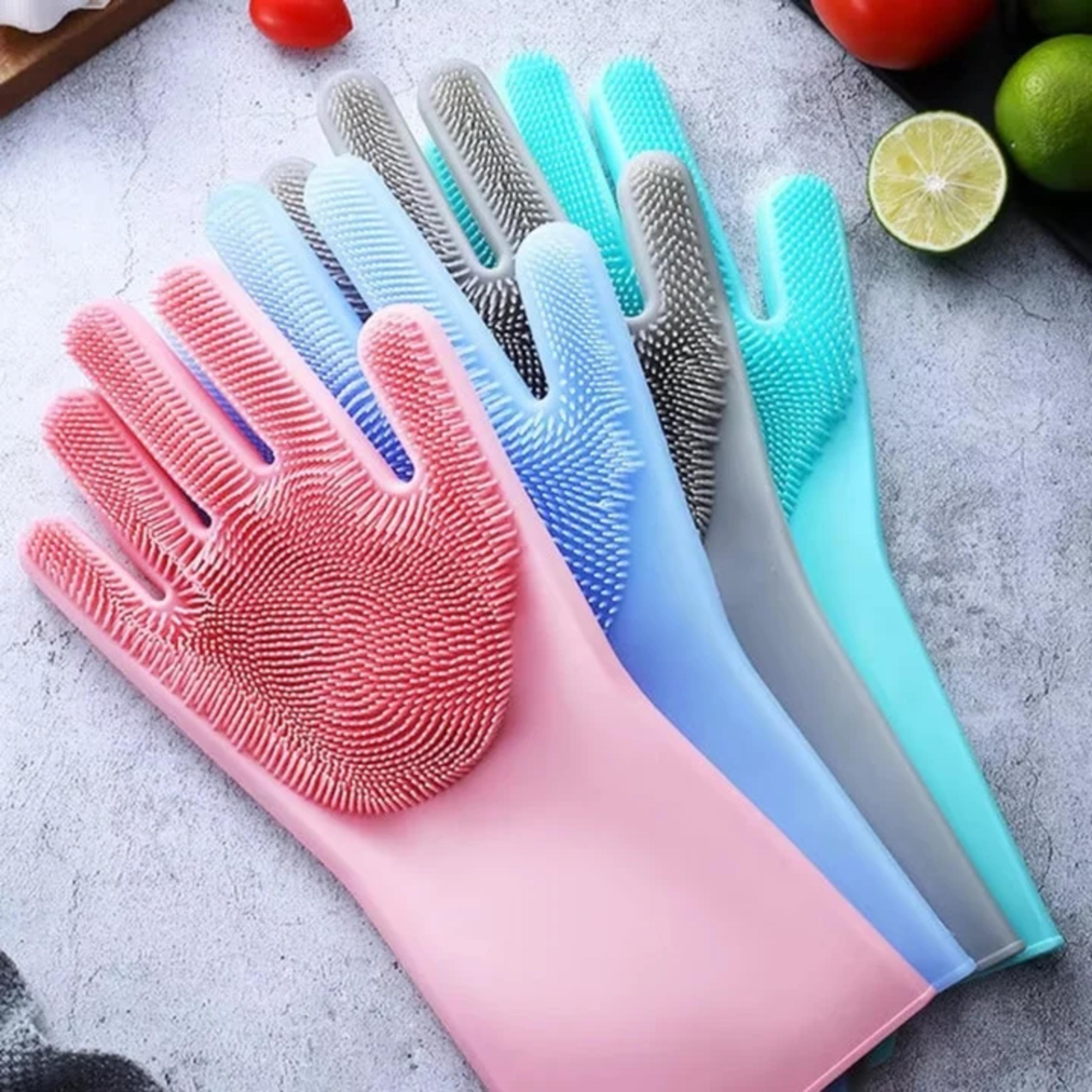 Silicone Non Slip Scrubber Dish Washing Gloves, 1 Pair- Multicolor - Thumbnail 1