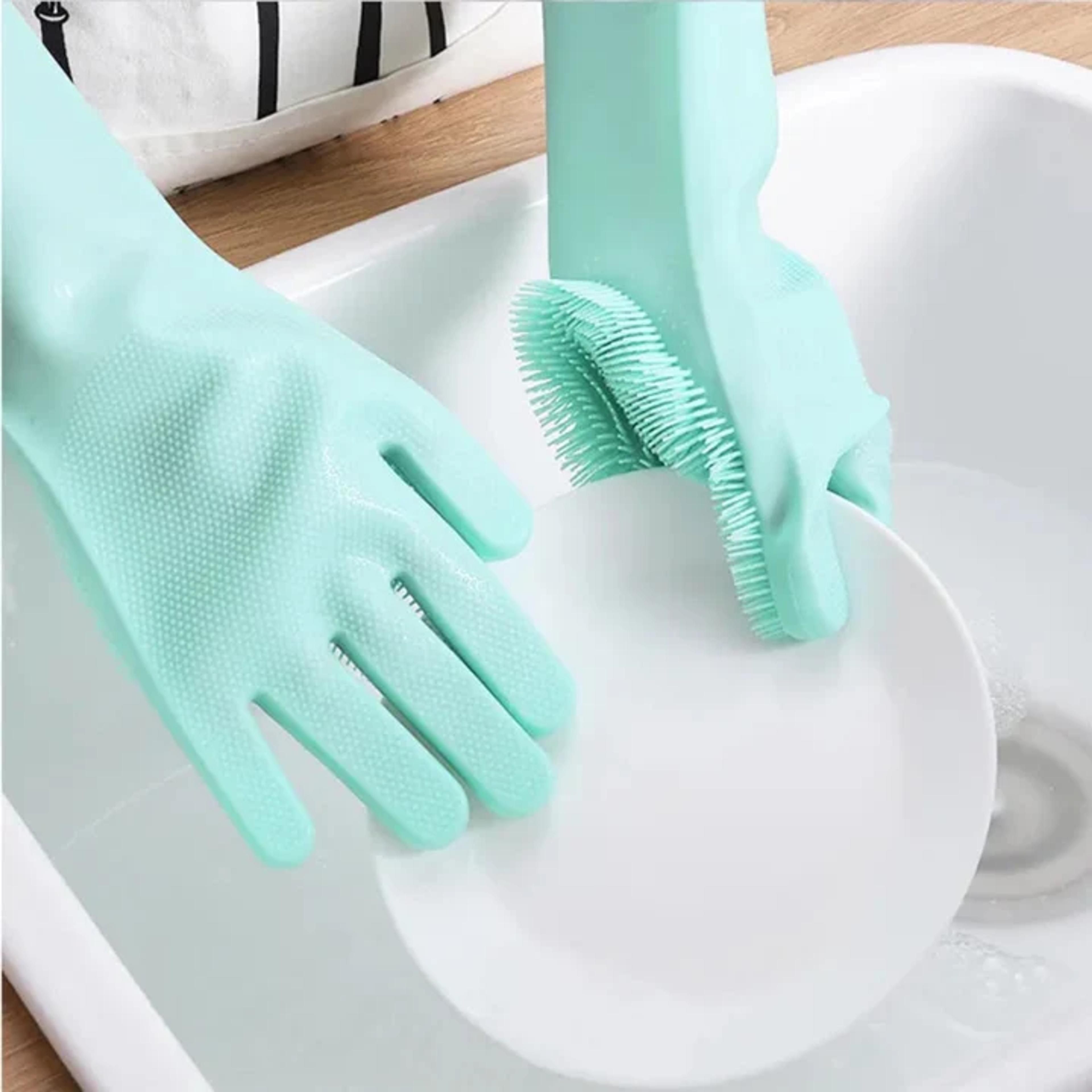 Silicone Non Slip Scrubber Dish Washing Gloves, 1 Pair- Multicolor - Thumbnail 2
