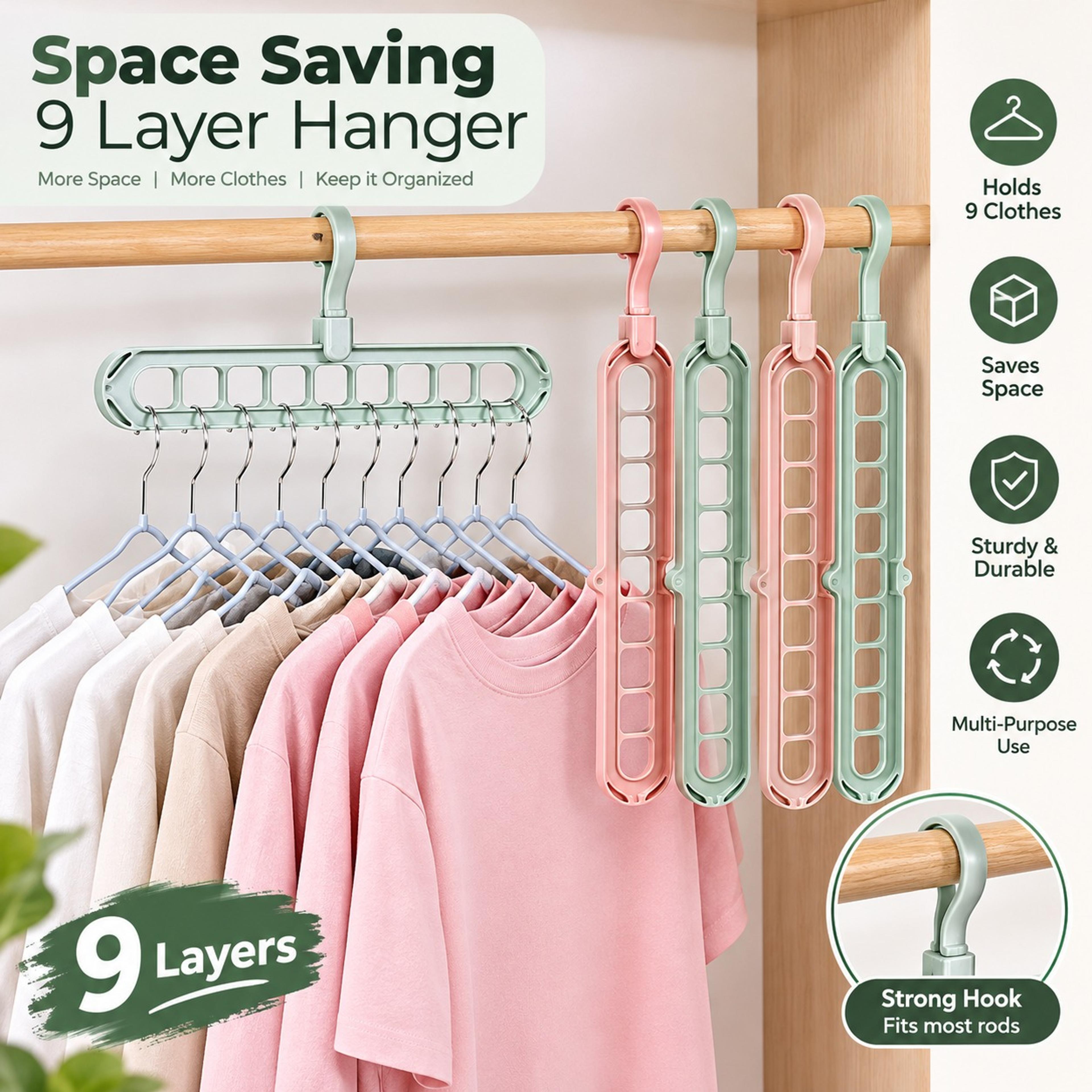 9 Hole Space Saving Hanger | Closet Organizer Magic Hanger | Hanger for Cloths | Multi Purpose Hanger (Random Color) - Thumbnail 1