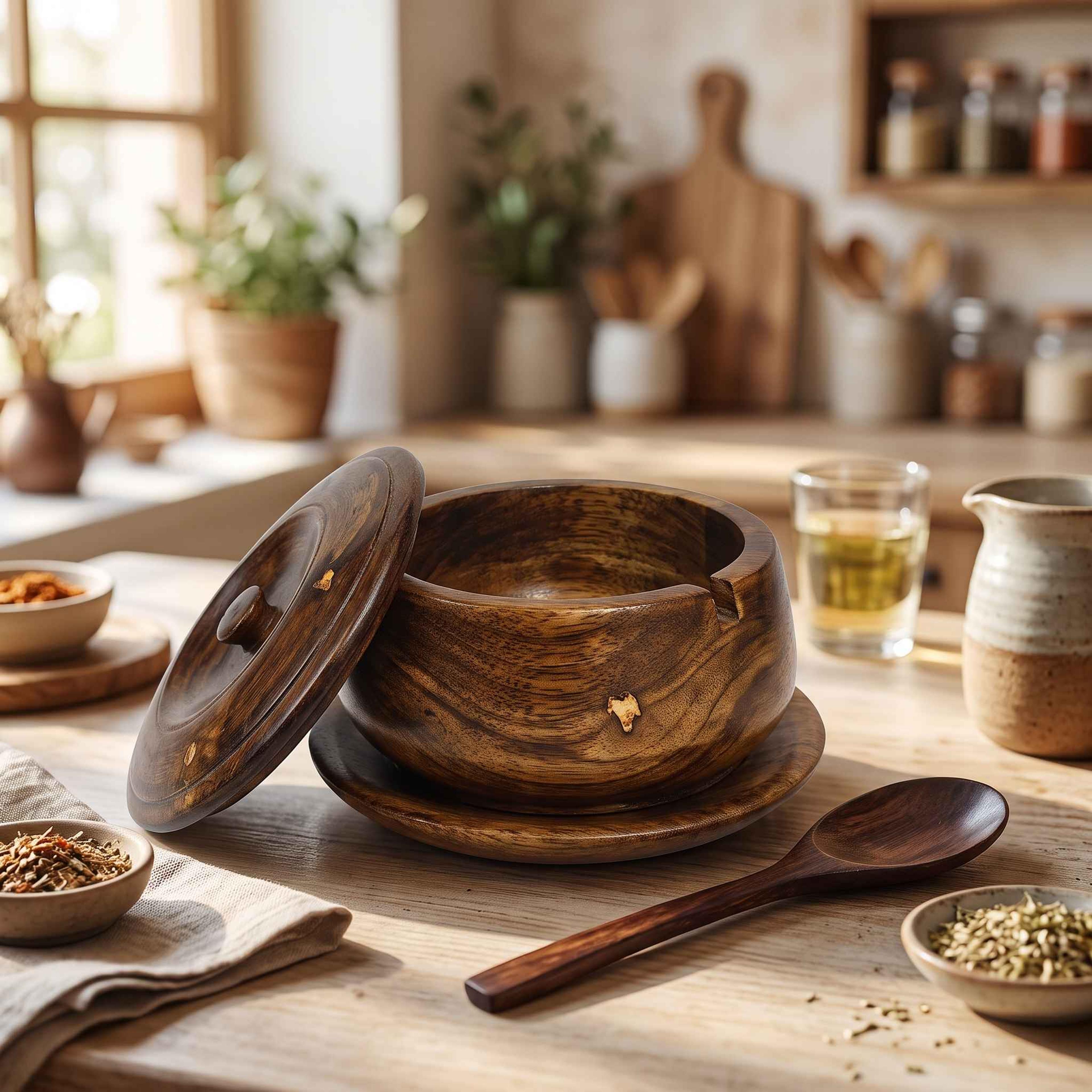 Wooden Brass Sugar Pot - Thumbnail 2