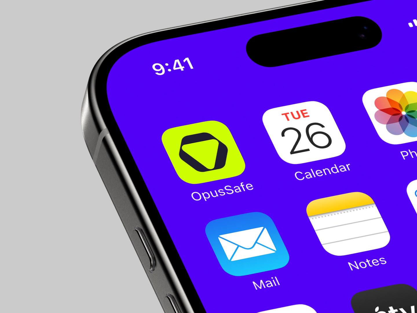 Close-up of iPhone screen showing OpusSafe app icon alongside Calendar, Mail, Notes, and Photos apps.