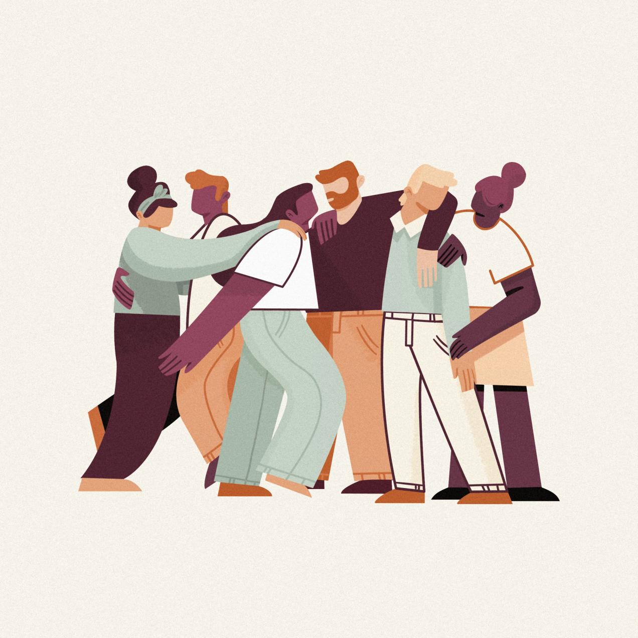 Illustration depicting diverse individuals in an embrace, symbolizing support, connection, and unity in mental health and therapy.