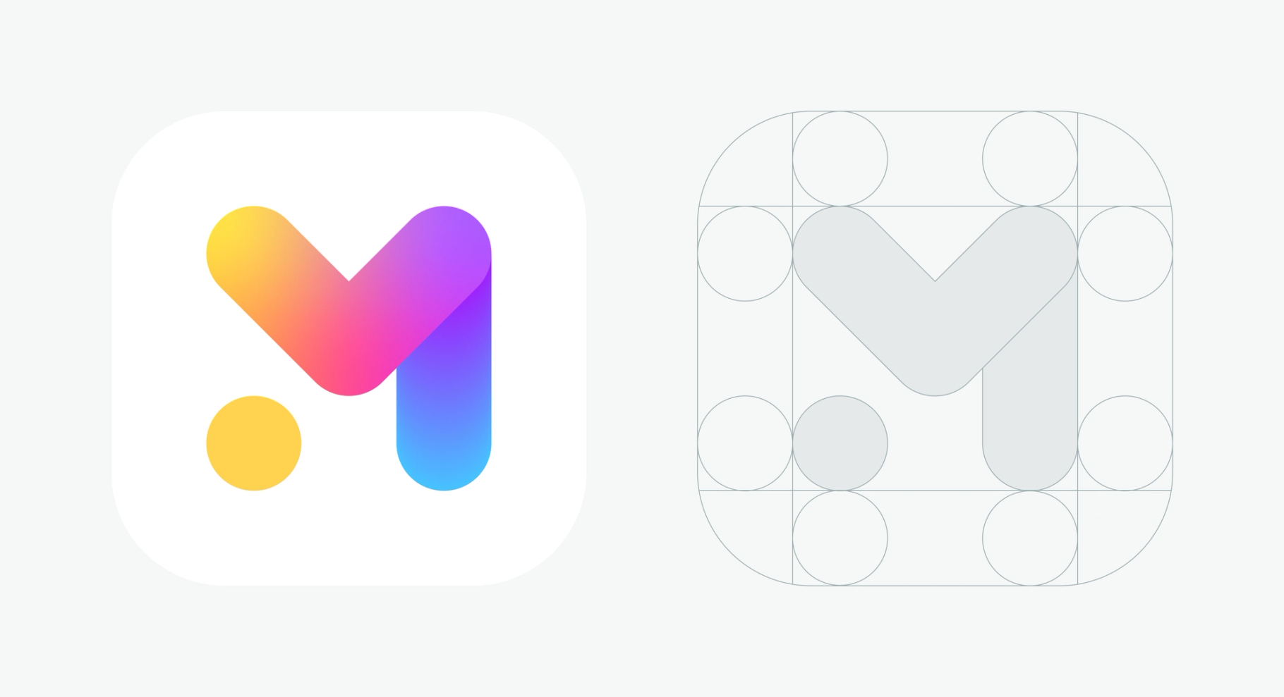 Colorful gradient app icon with letter M on the left and geometric grid structure of the icon design on the right.