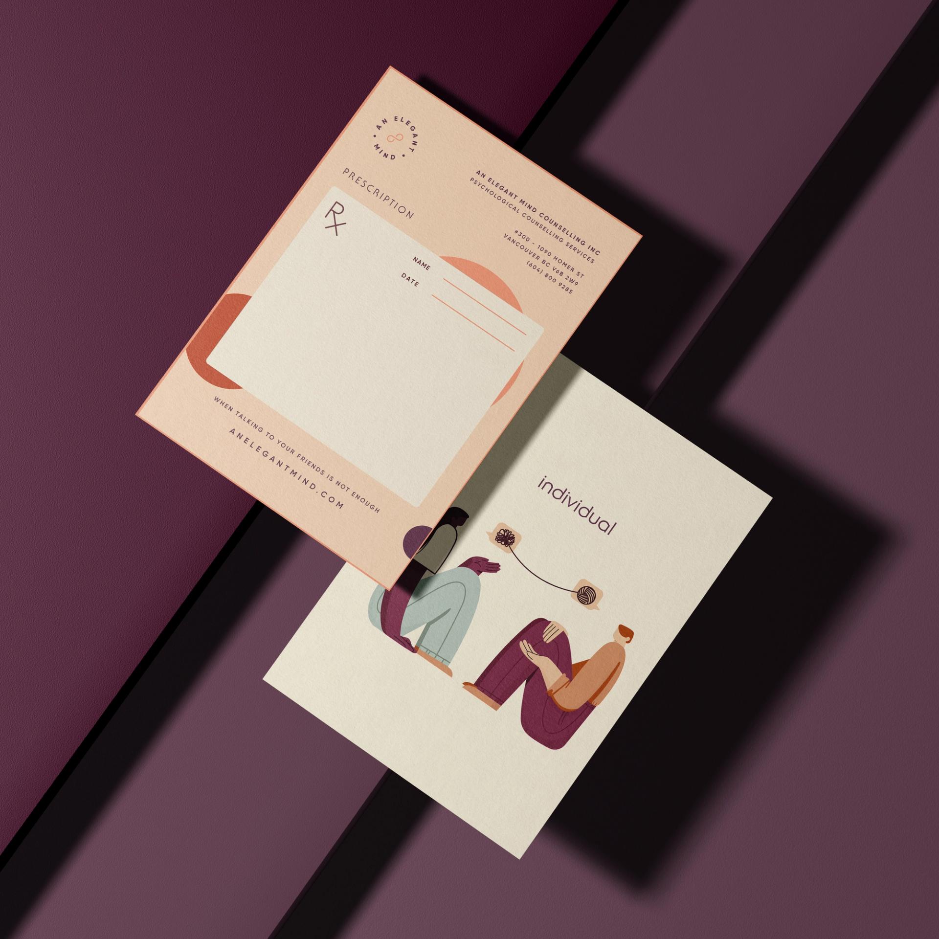 Peach prescription pad and cream flyer with illustrated counseling artwork on plum background.