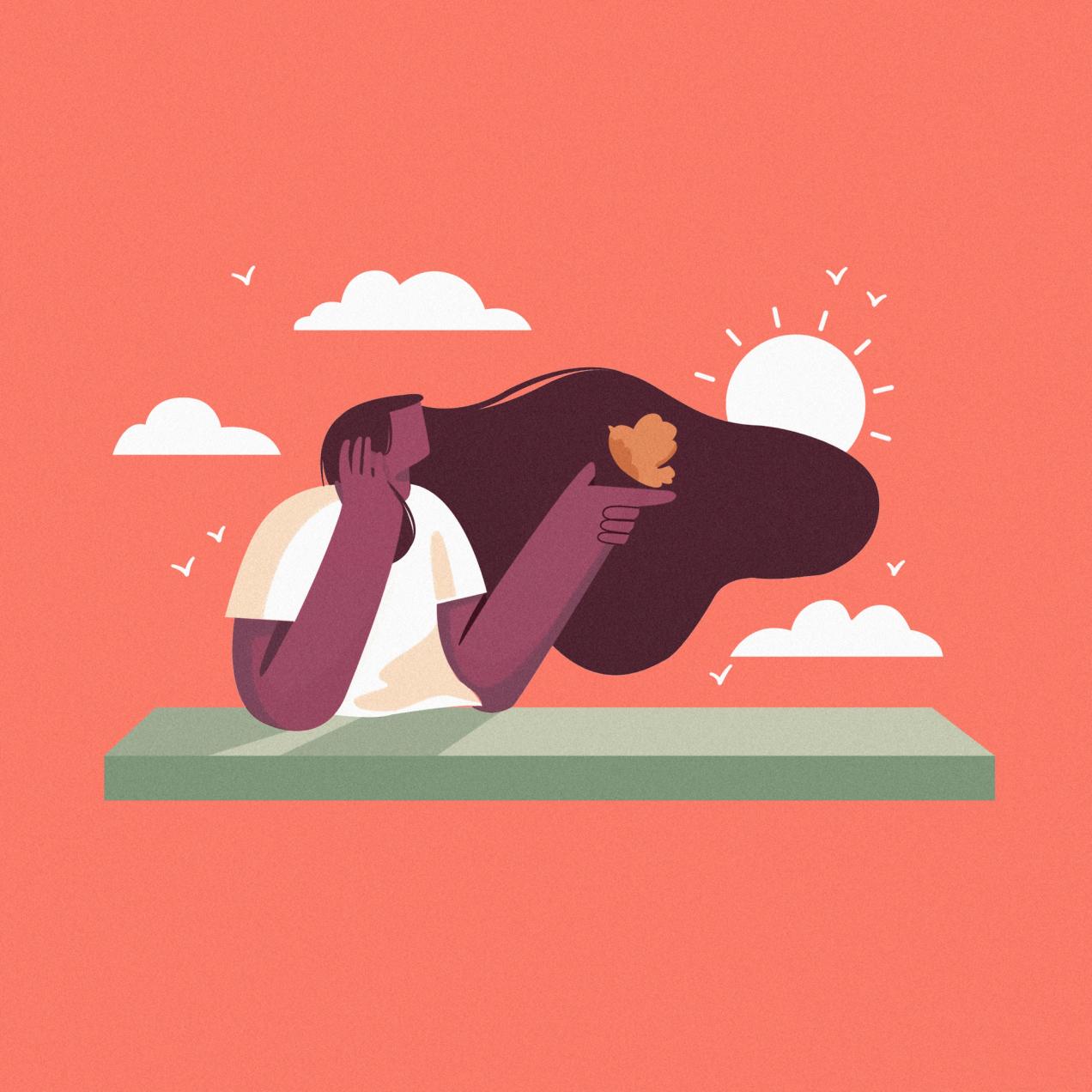 Minimalist illustration of a person with flowing hair, surrounded by clouds and a sunset backdrop.