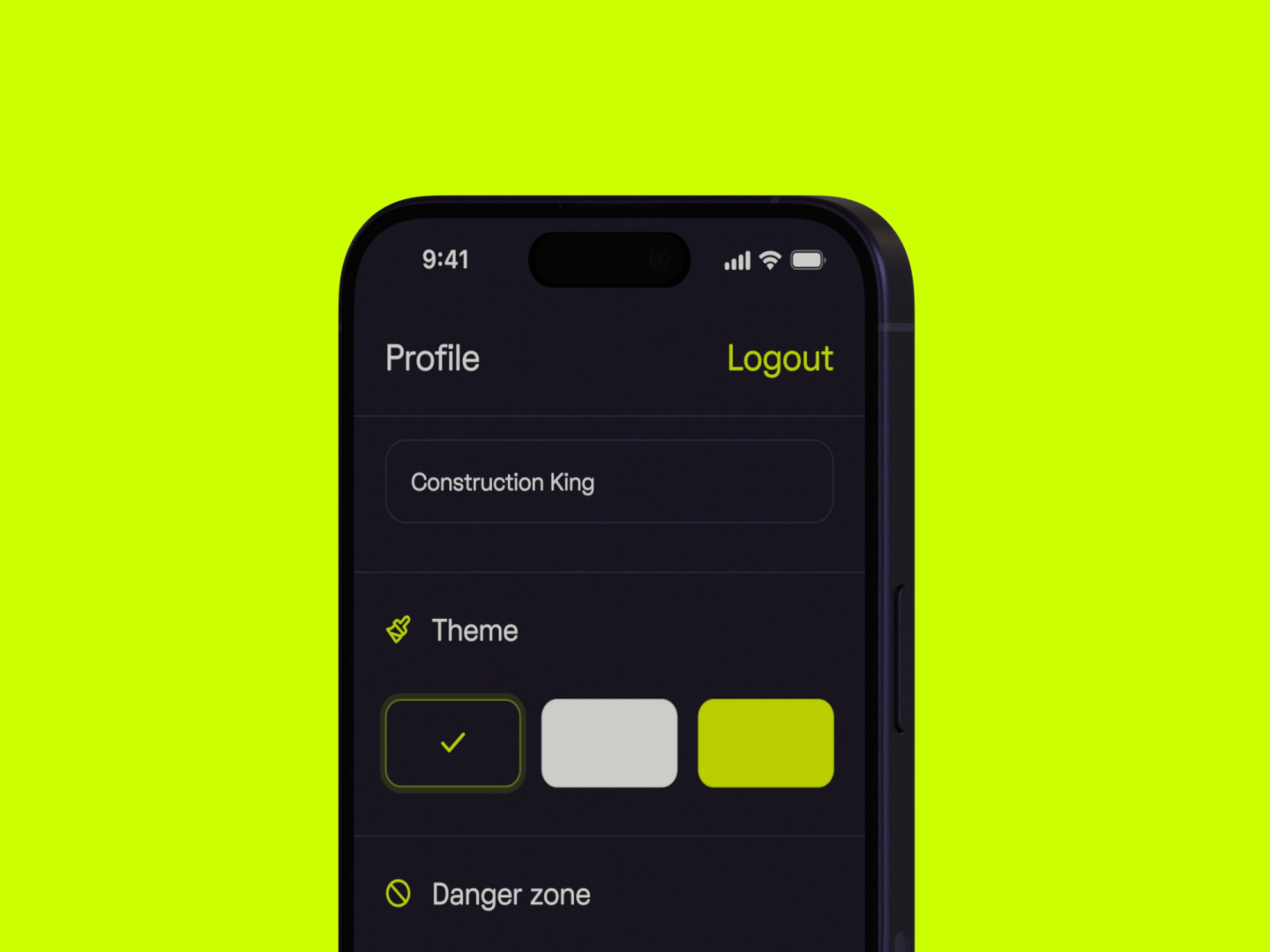 Mobile app profile settings screen with theme customization options for 'Construction King,' including dark mode and color themes.