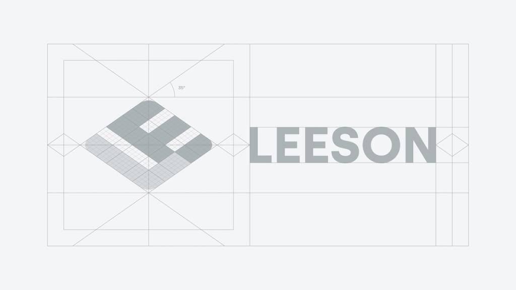 Leeson logo design in grid format with geometric shapes and text alignment for brand identity refinement.