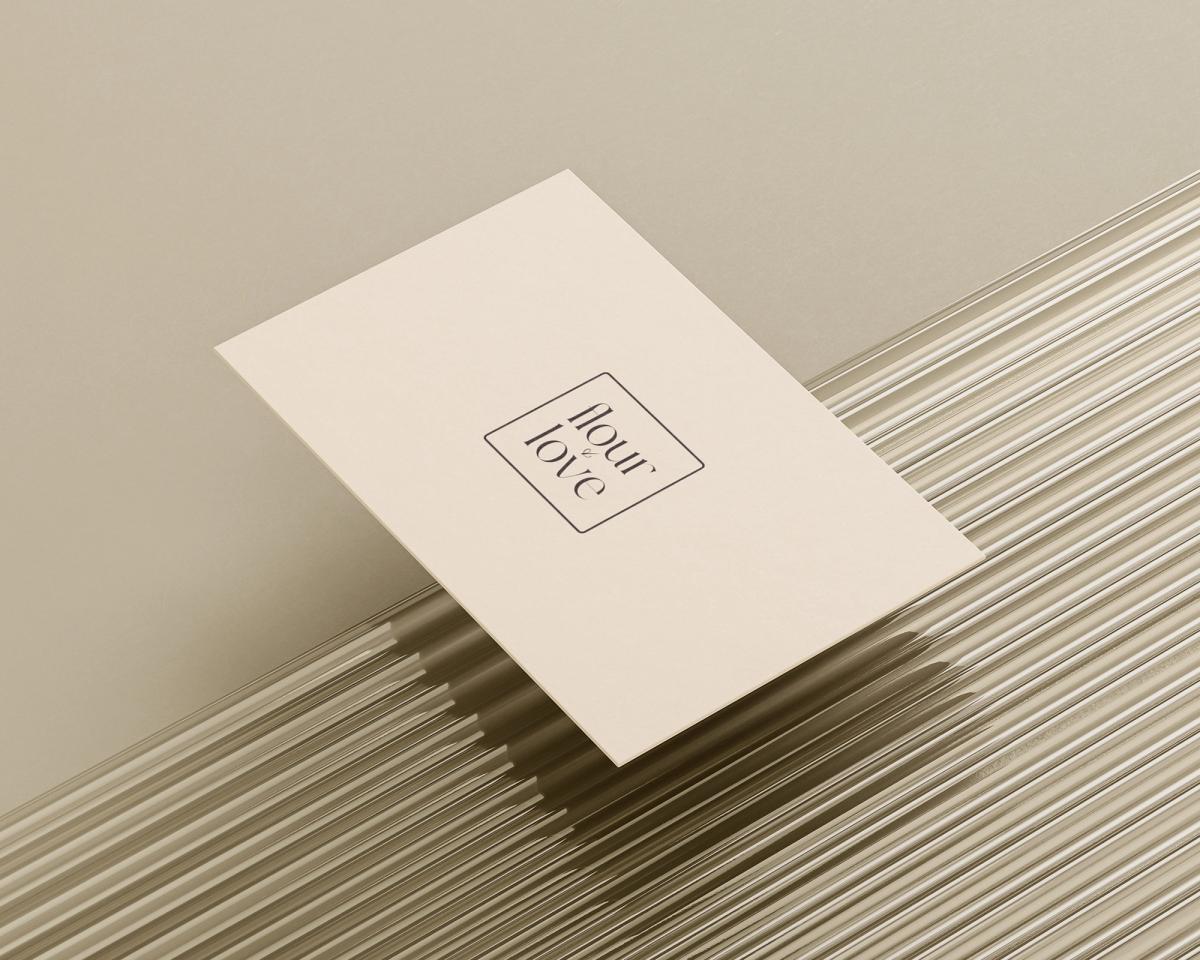 Minimalistic 'flour & love' card design on a textured cream background with elegant lines.