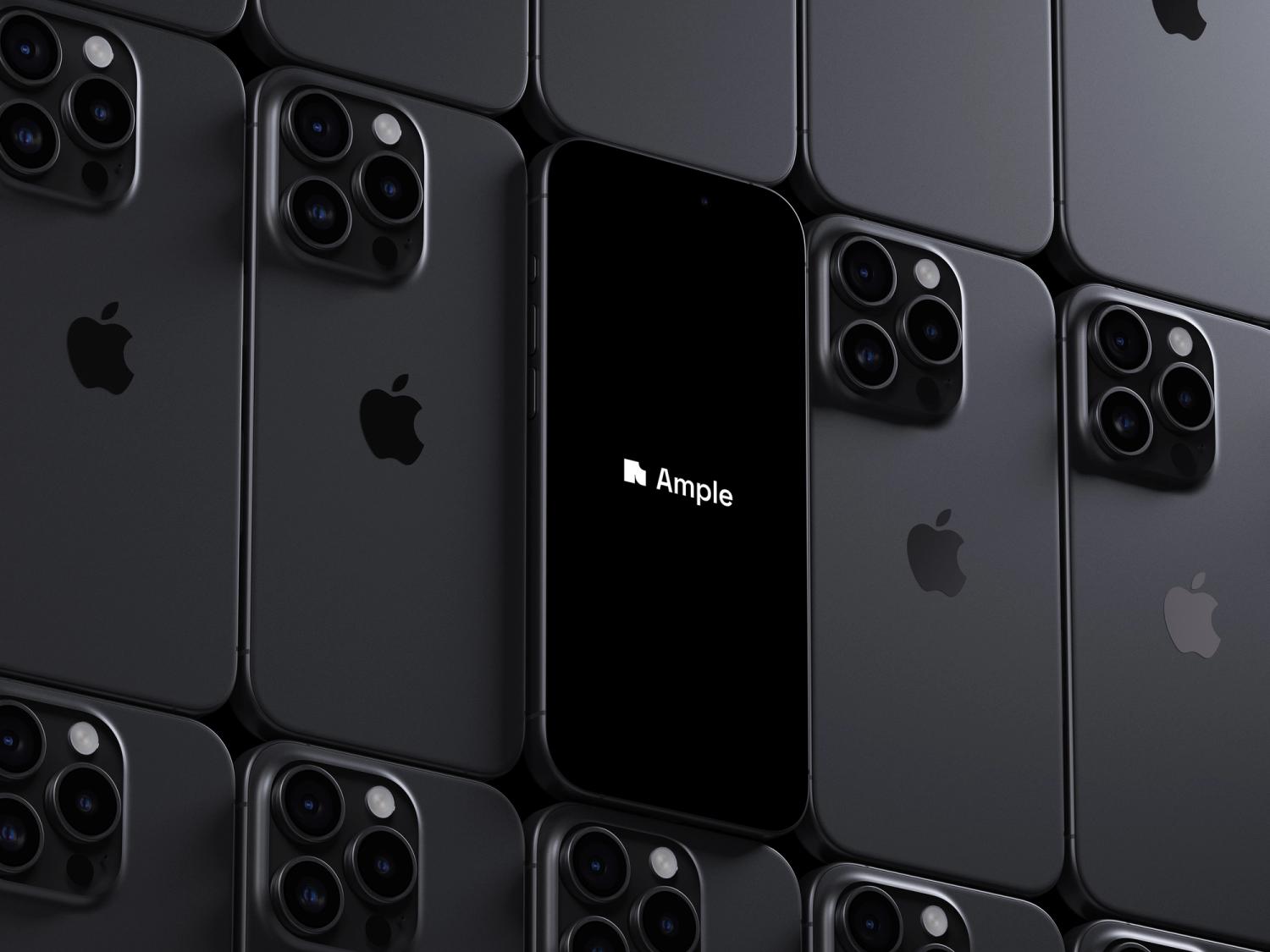 Ample logo displayed on iPhone surrounded by black iPhone models with a sleek, minimalistic design.