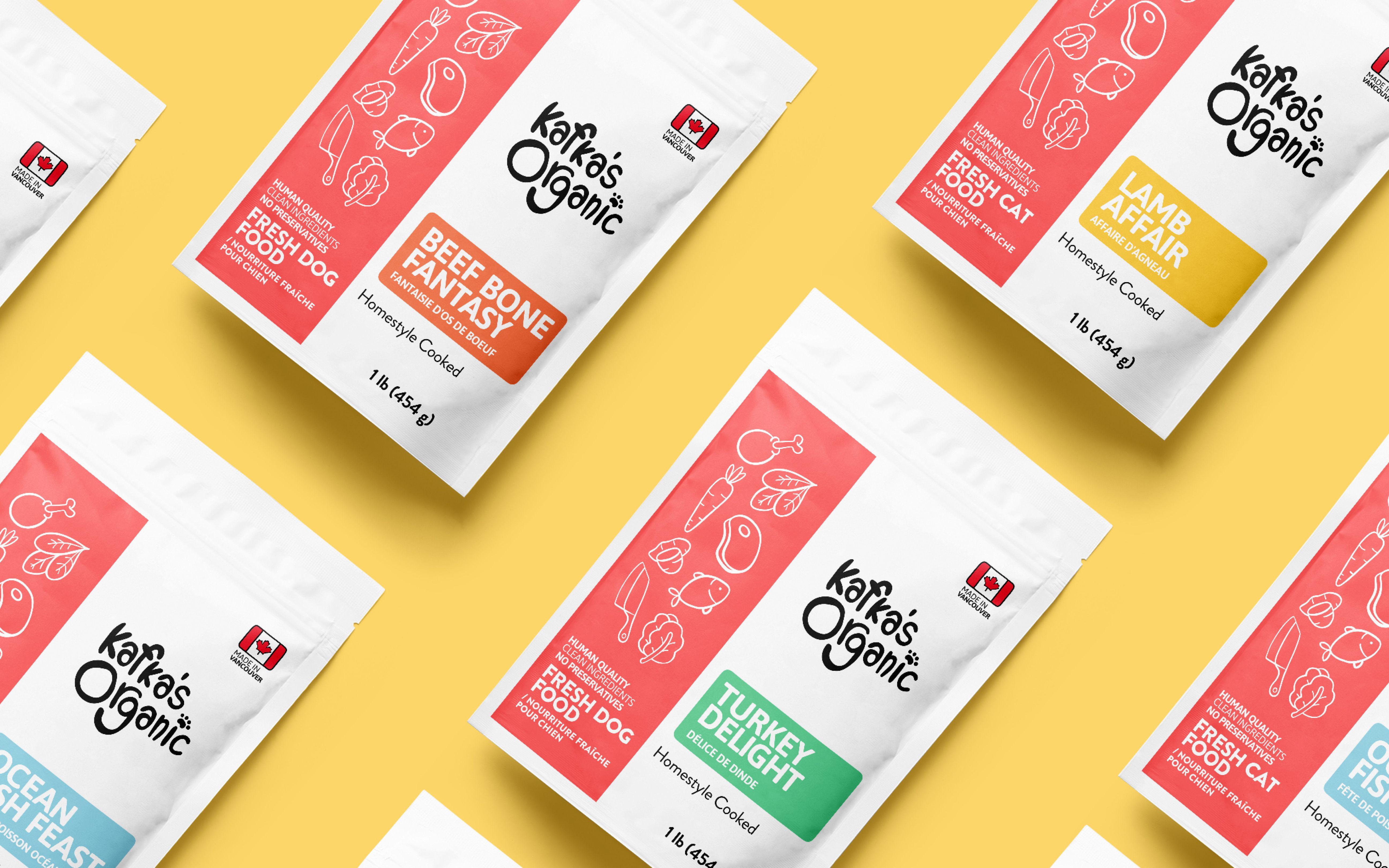 Kafka's Organic pet food packaging featuring colorful, homestyle cooked fresh dog and cat food bags with natural ingredients.