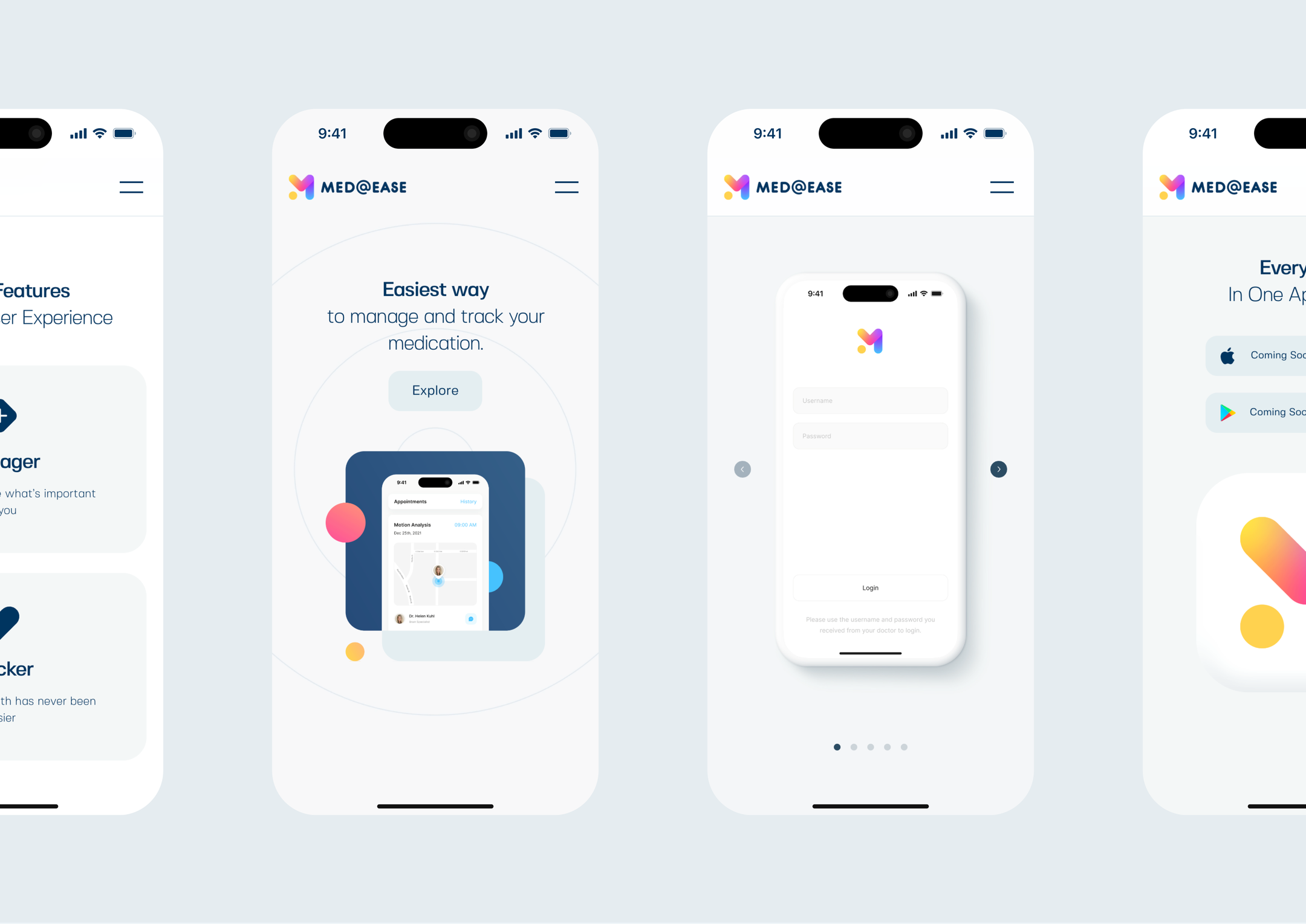 Custom-designed mobile app interface for Med@Ease, showcasing features for tracking and managing medication with a user-friendly experience.
