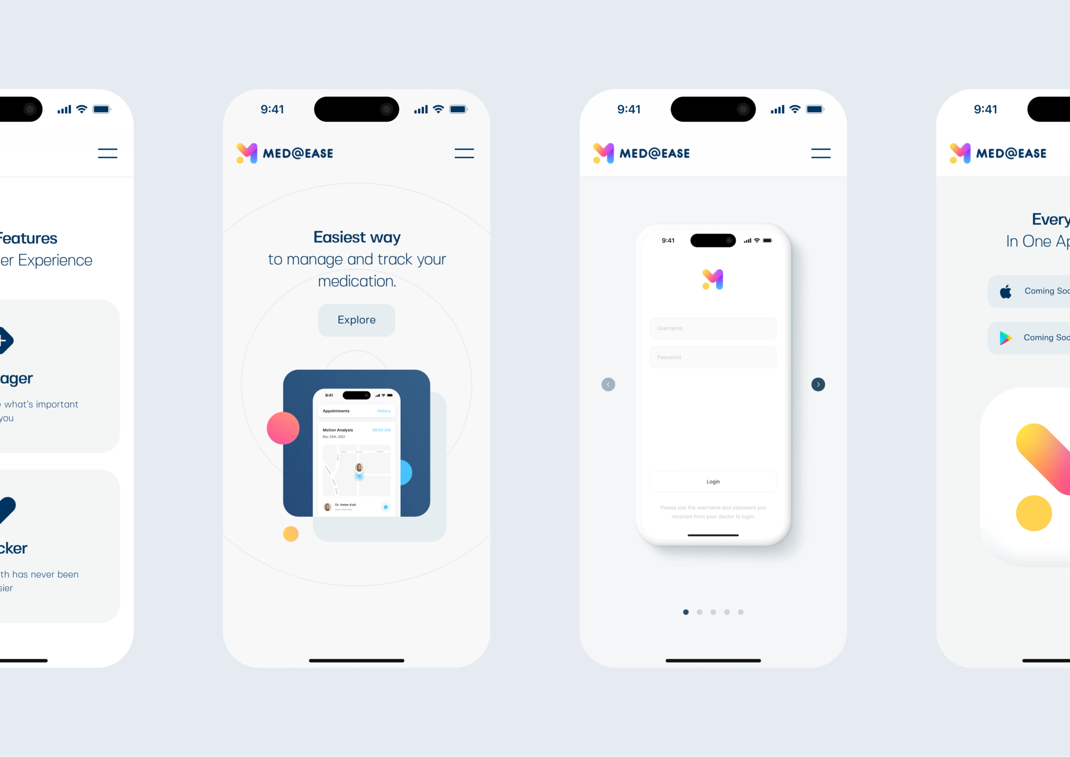 Custom-designed mobile app interface for Med@Ease, showcasing features for tracking and managing medication with a user-friendly experience.