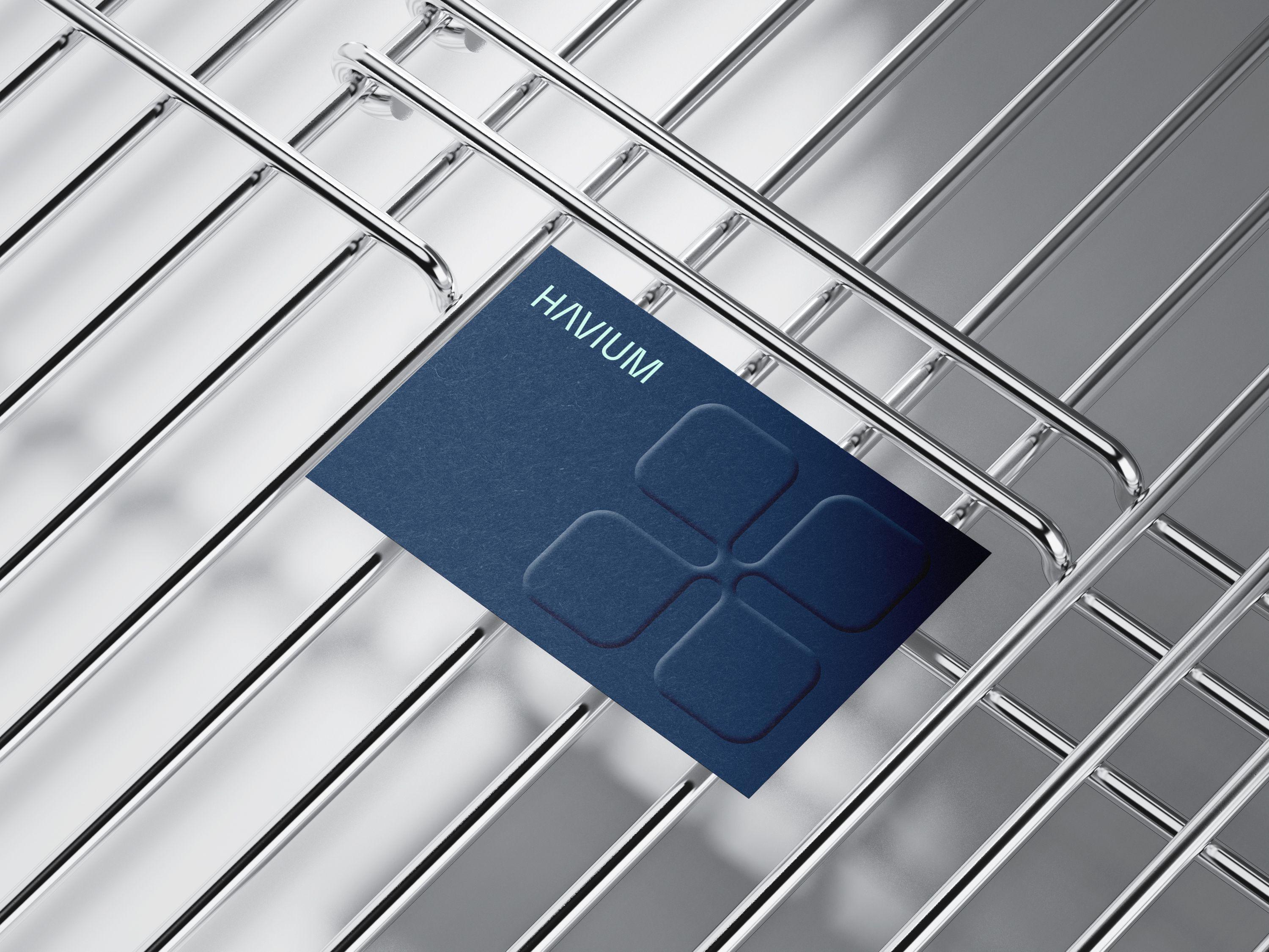 Havium business card in navy blue with a minimalist geometric design, displayed on a metal wire rack.