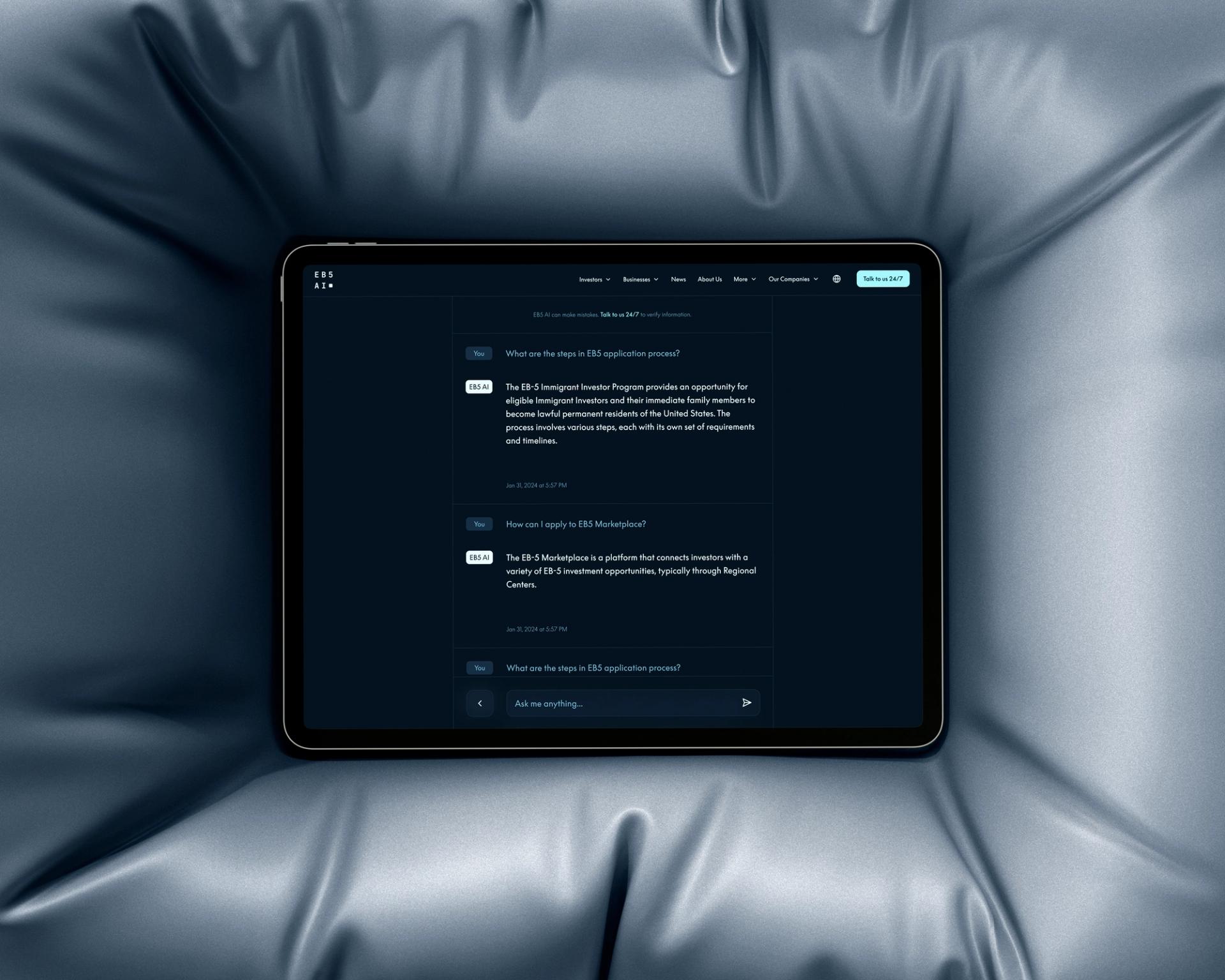 EB-5 application process Q&A page displayed on iPad