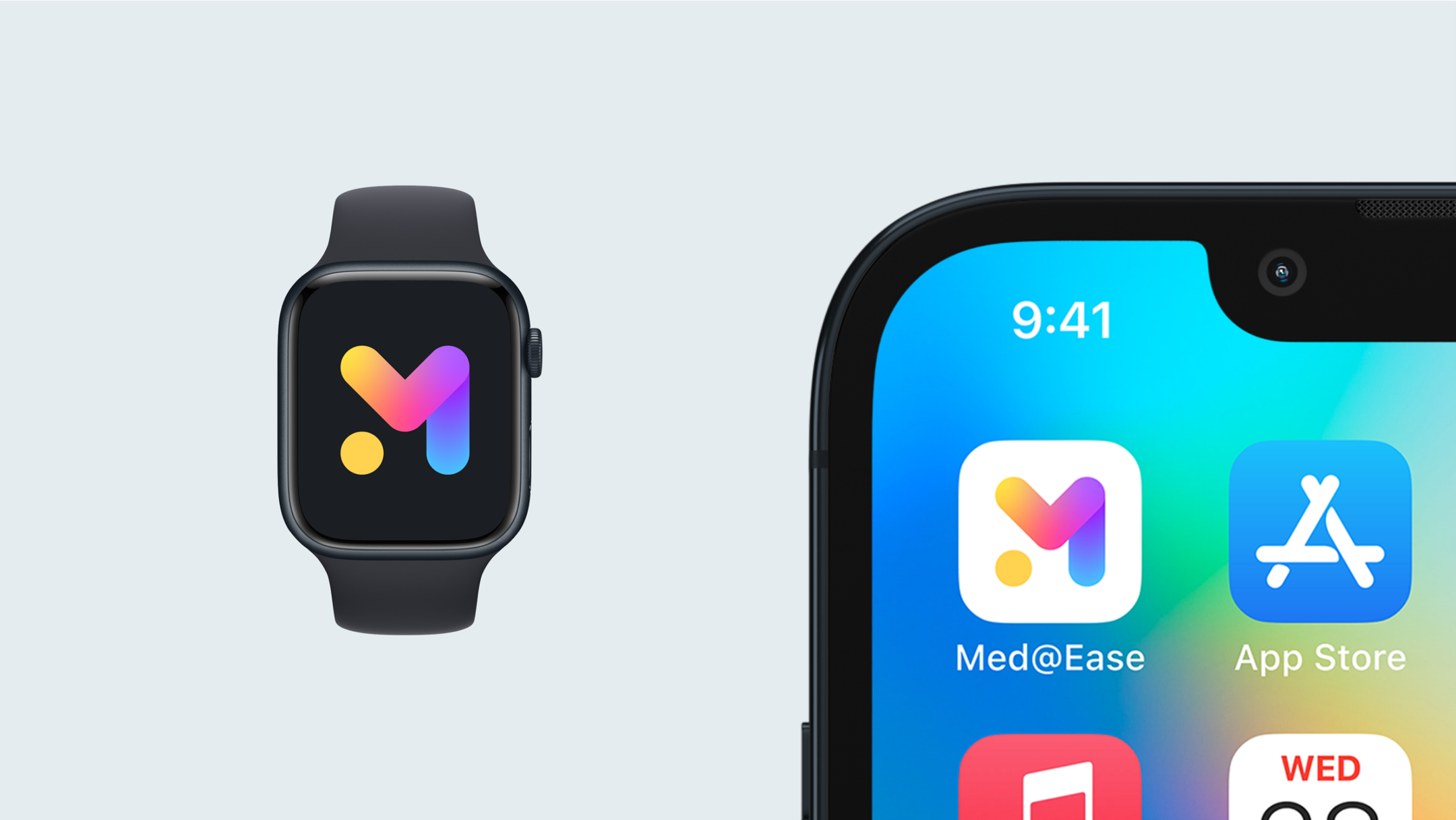 Med@Ease app icon displayed on Apple Watch and iPhone, offering medication tracking and management features.