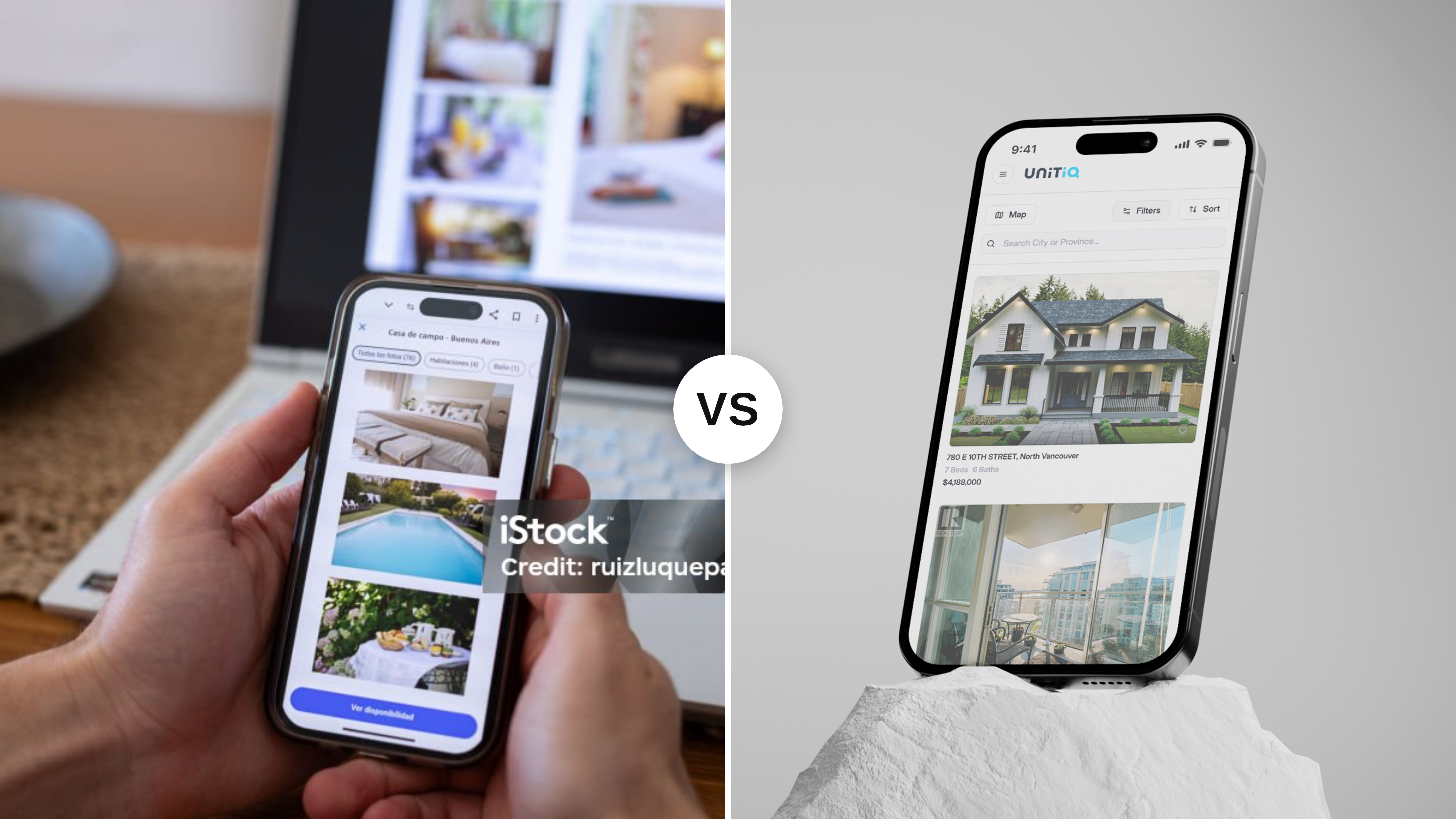 Split comparison: a generic stock photo of a rental listing app on the left, next to a real screenshot of the UnitIQ real estate platform built by Hooman Studio on the right, separated by a VS badge.