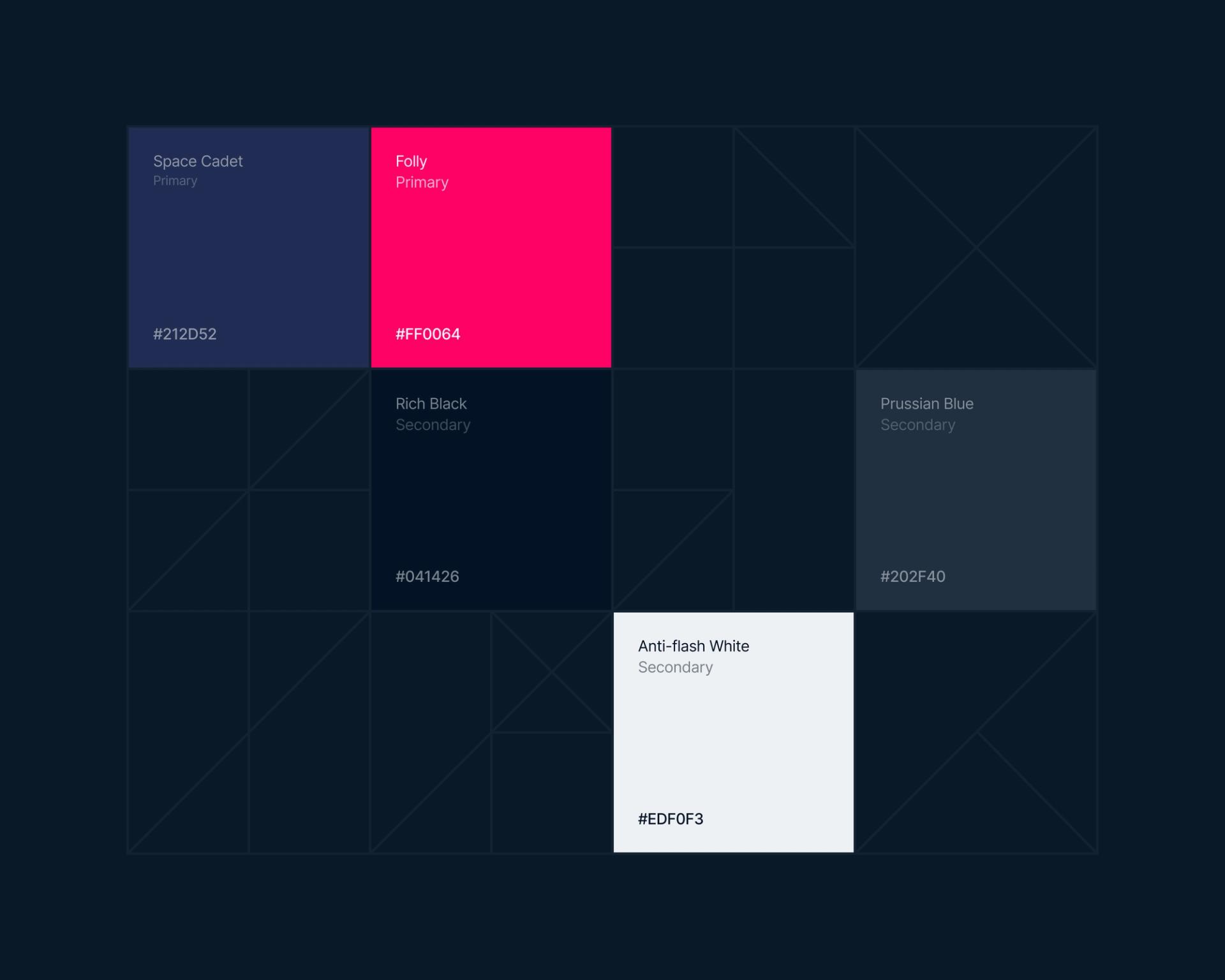 Color palette for brand guidelines showcasing primary and secondary colors including Folly, Space Cadet, and Anti-flash White with their respective hex codes.