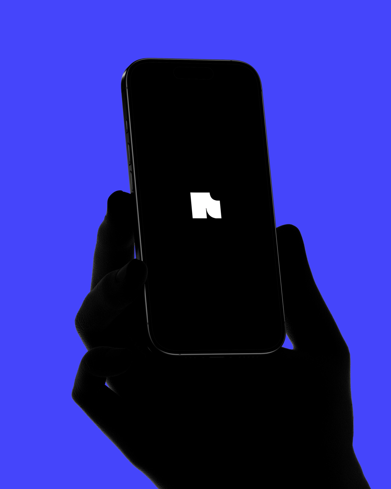 A hand holds an iPhone displaying Ample’s white symbol on a black screen against a violet background.