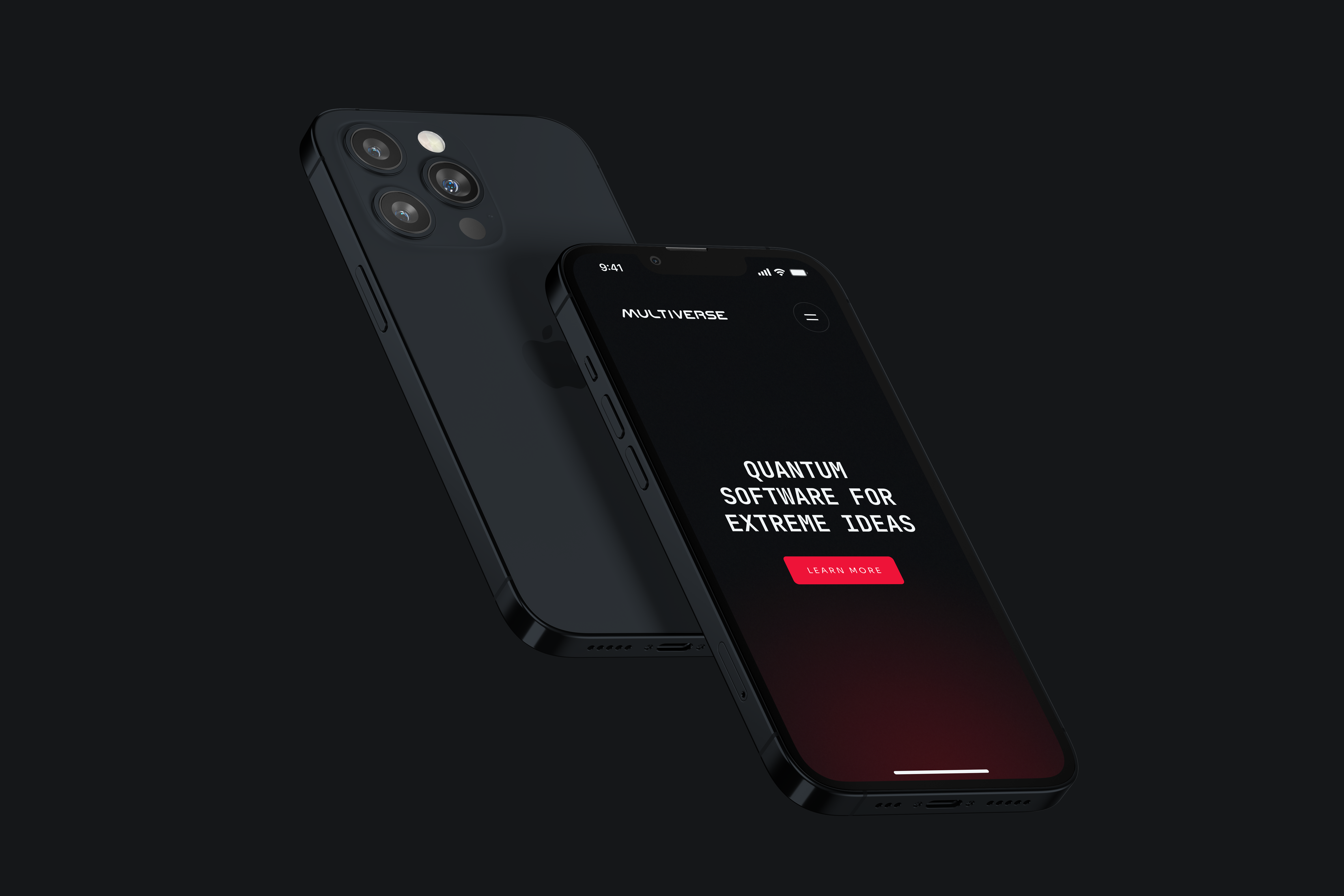 Quantum-computing website shown on a phone with a dark interface and red visual accents.