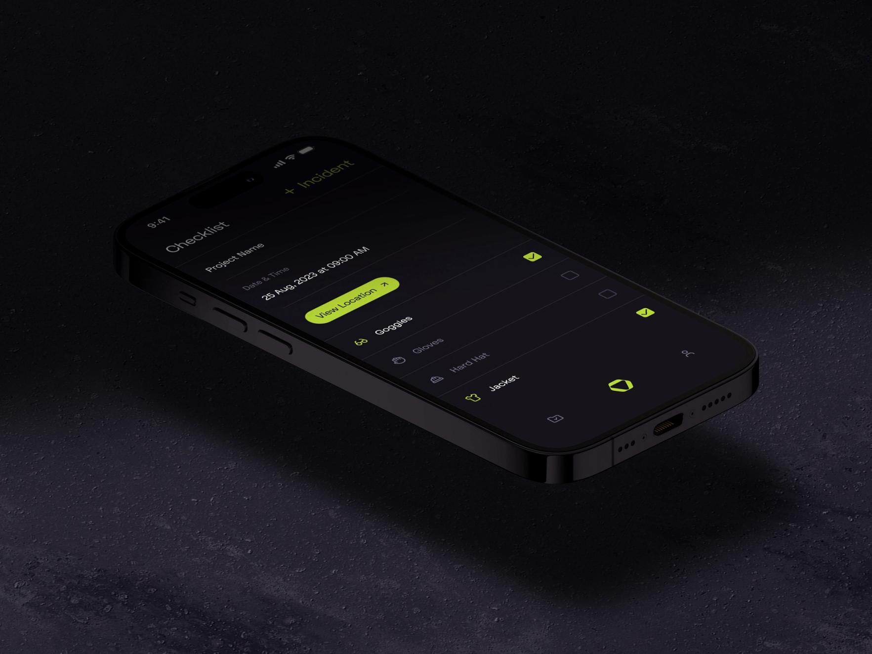 Mobile phone displaying a checklist app with project details, including date, location, and safety equipment items such as goggles, gloves, hard hat, and jacket.