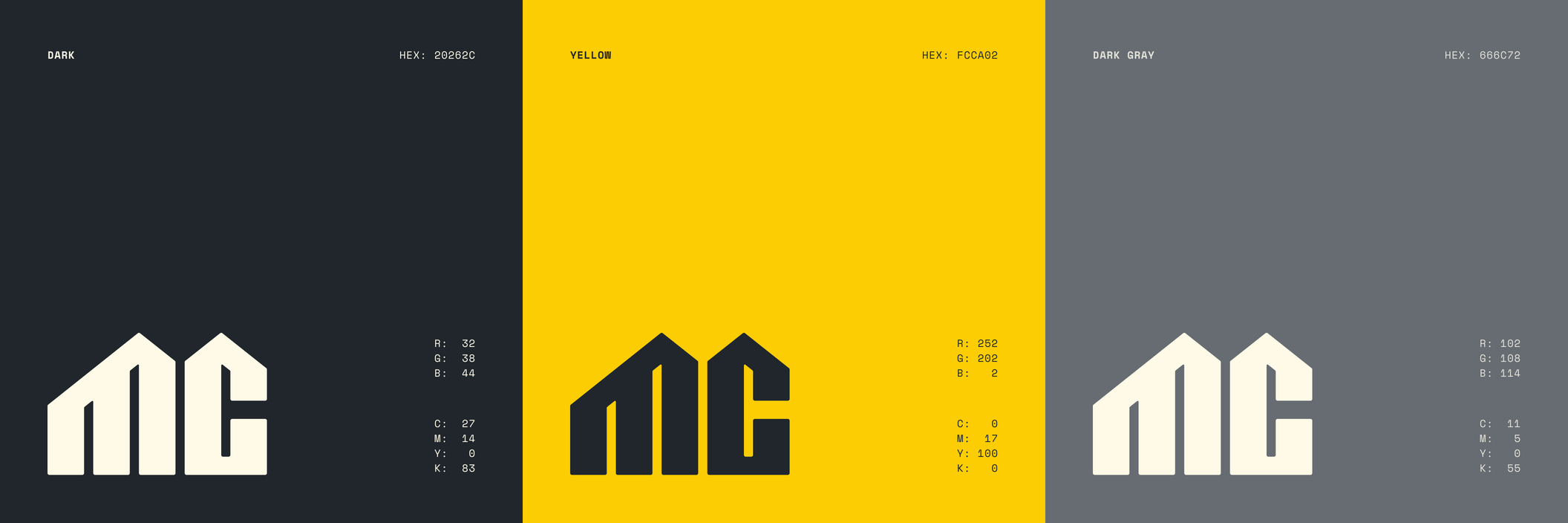 Color palette and logo design sample featuring dark, yellow, and gray shades with precise color codes, showcasing branding expertise.