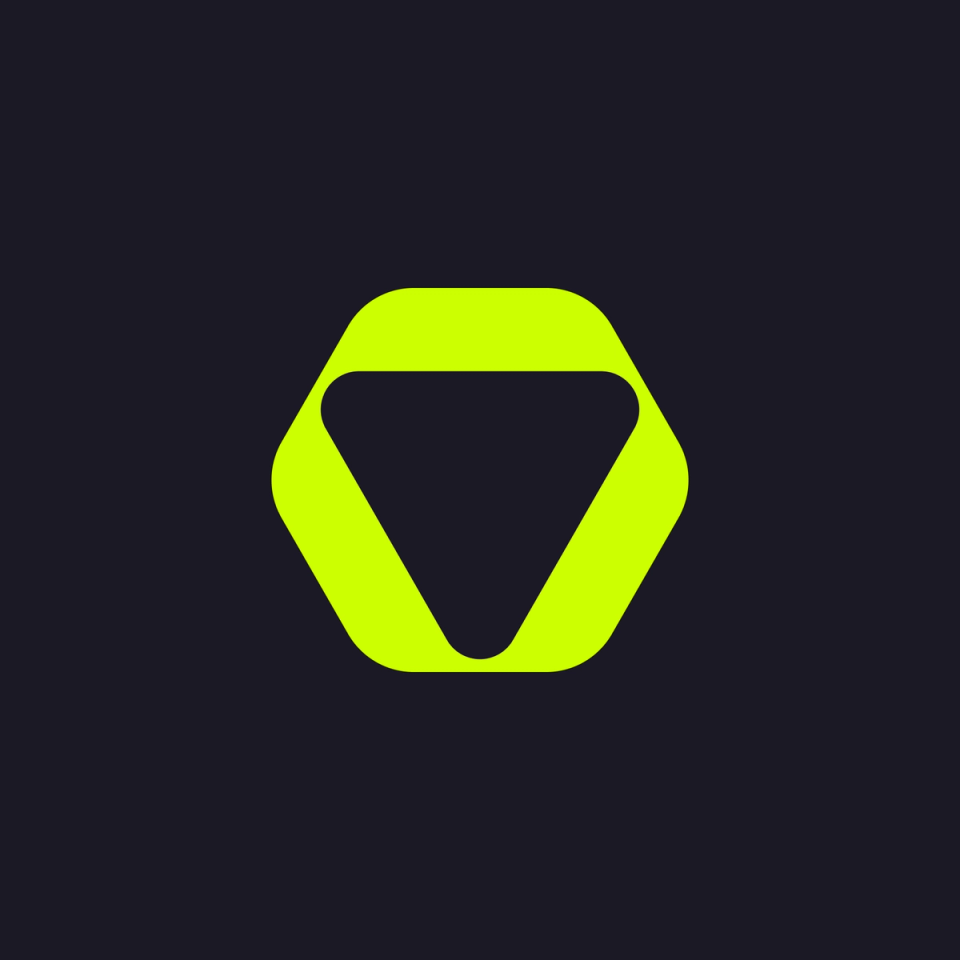 Bright neon yellow hexagonal logo with an inverted triangle shape in the center, representing a modern and bold design.