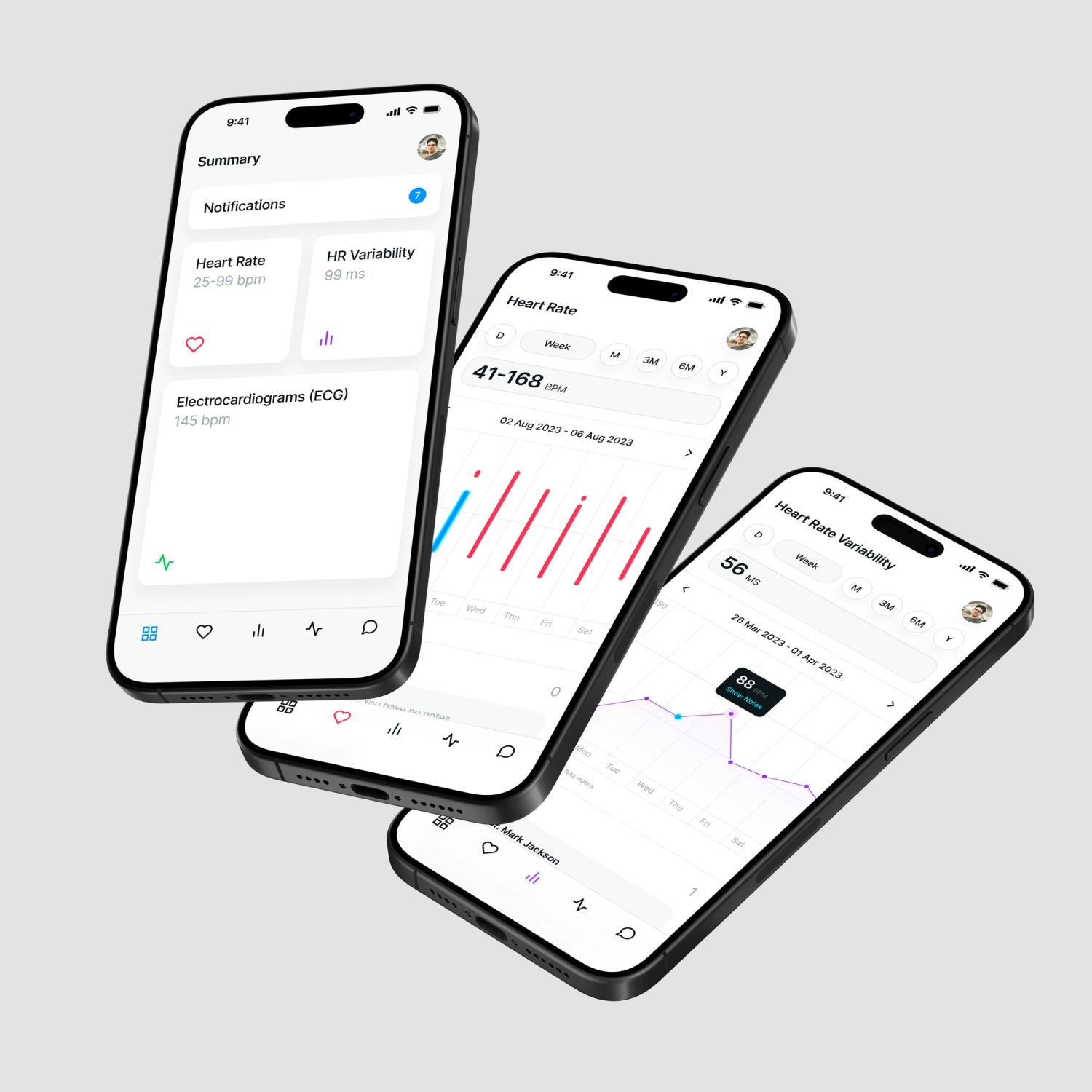 Health tracking app on mobile devices displaying heart rate, HR variability, and ECG data with interactive graphs and summary notifications.